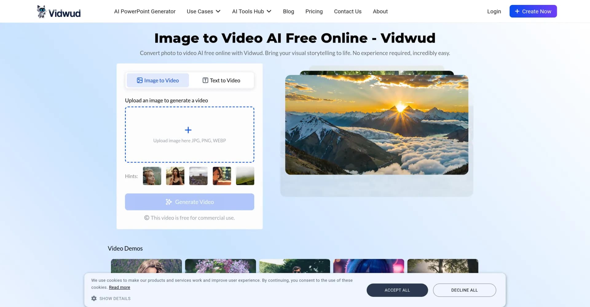 Vidwud homepage screenshot — Convert photos to stunning AI videos in one click.