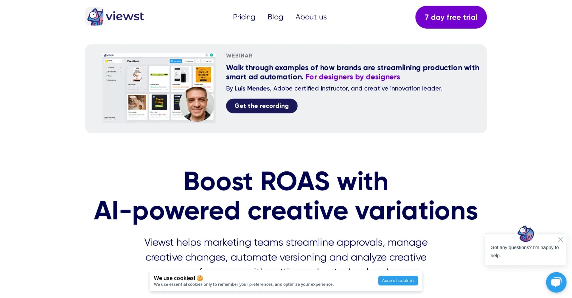 Viewst homepage screenshot — Streamline ad approvals and boost ROAS with AI