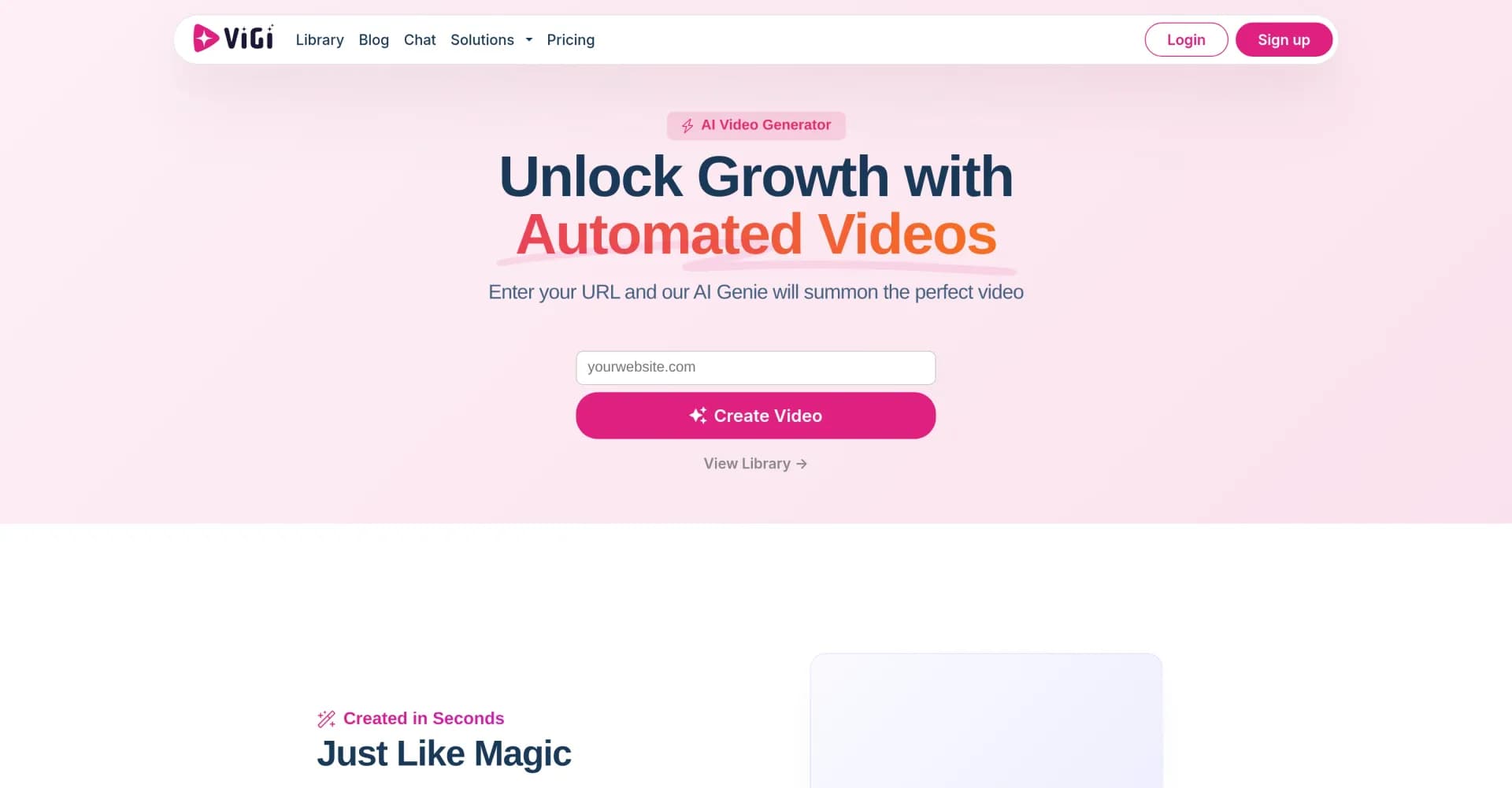 ViGi homepage screenshot — Instant AI Videos From Your Website URL.