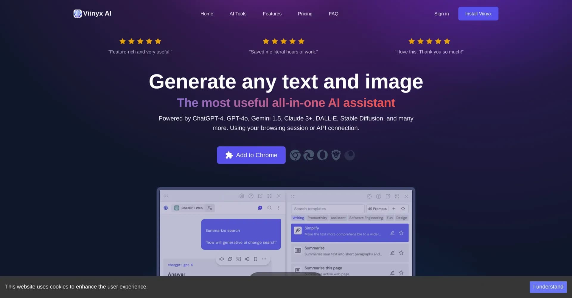 Viinyx AI homepage screenshot — Your all-in-one AI assistant for web browsing