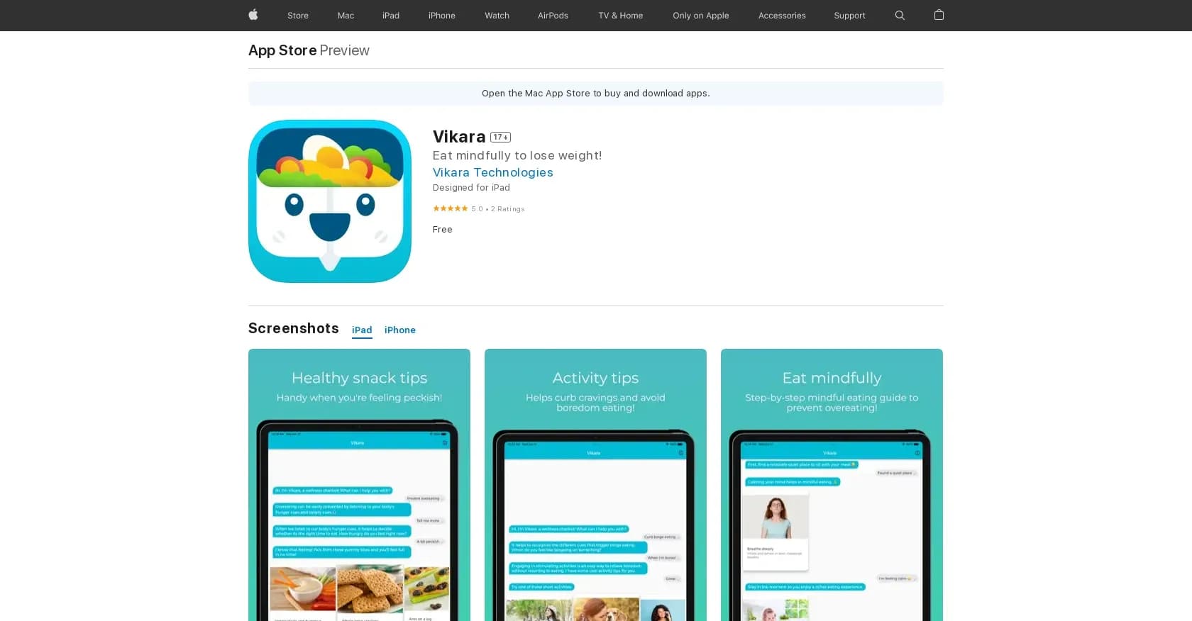 Vikara homepage screenshot — Encourages mindful eating via CBT mobile app.