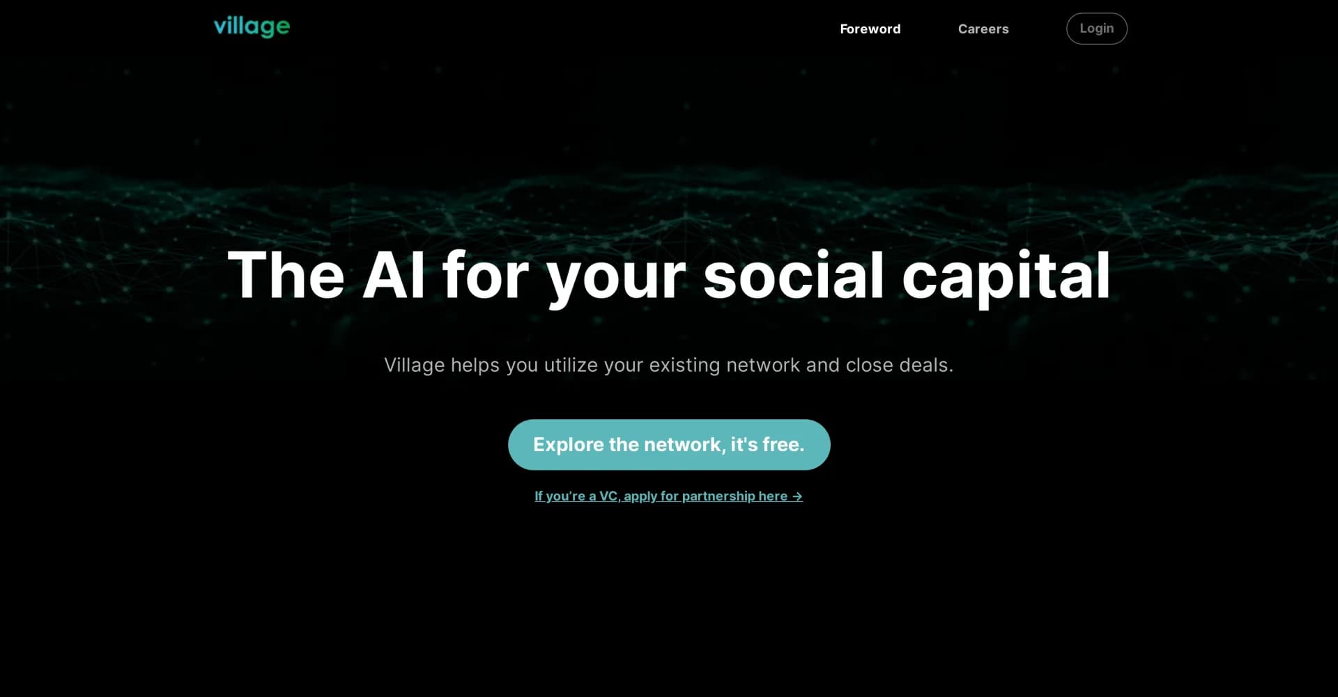 Village homepage screenshot — Boost founders' networks with AI-powered warm intros.