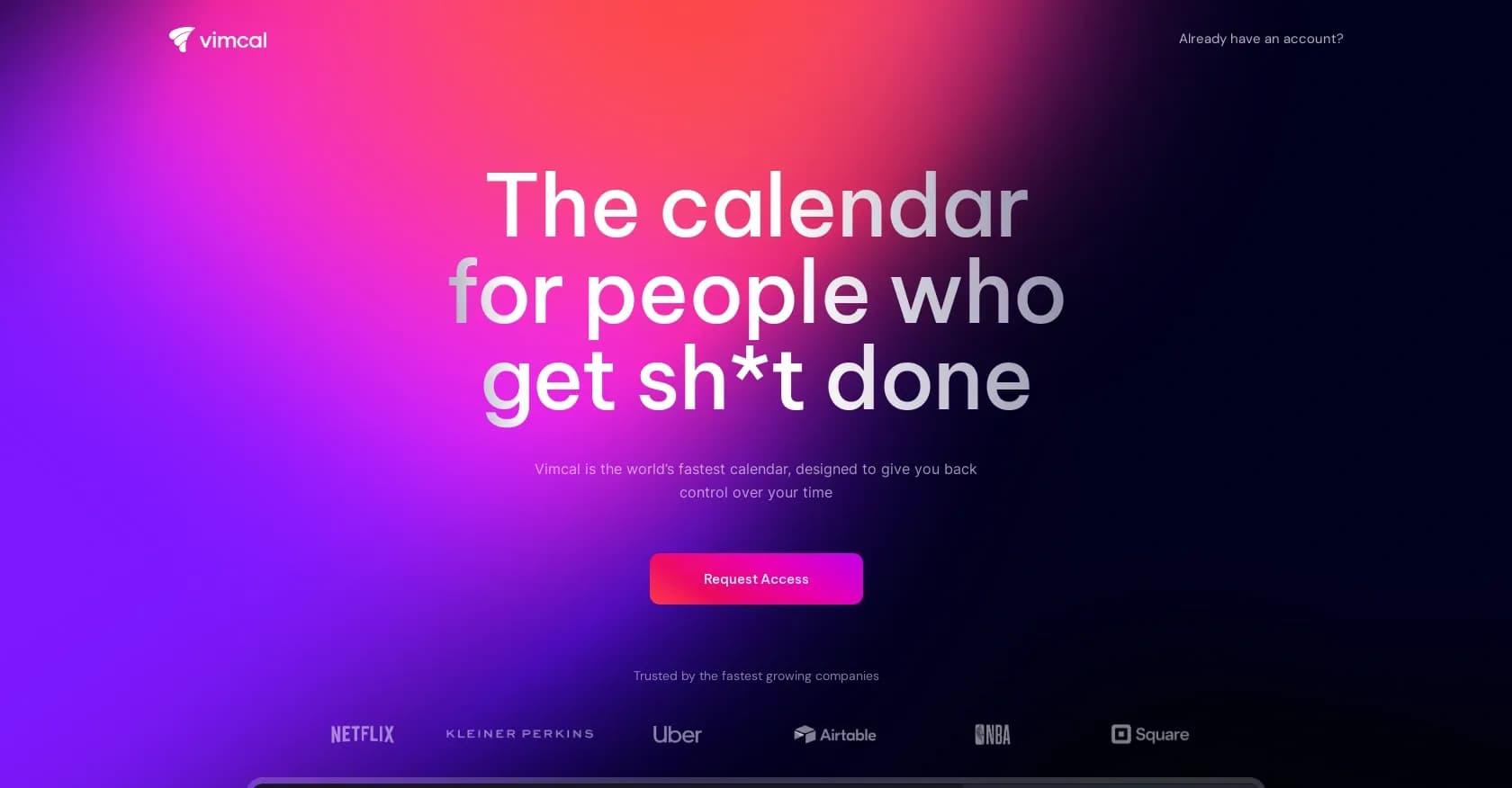 Vimcal homepage screenshot — The world's fastest calendar for remote work
