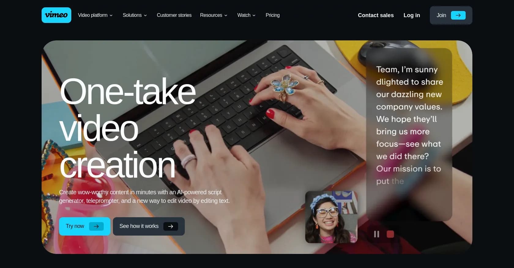 Vimeo AI homepage screenshot — Create wow-worthy videos in minutes with AI
