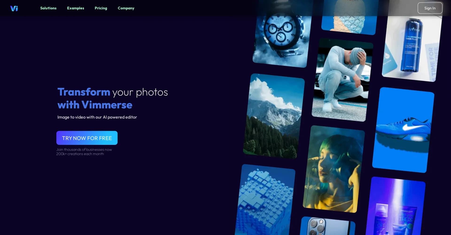 Vimmerse homepage screenshot — Transform photos into captivating 3D motion videos.
