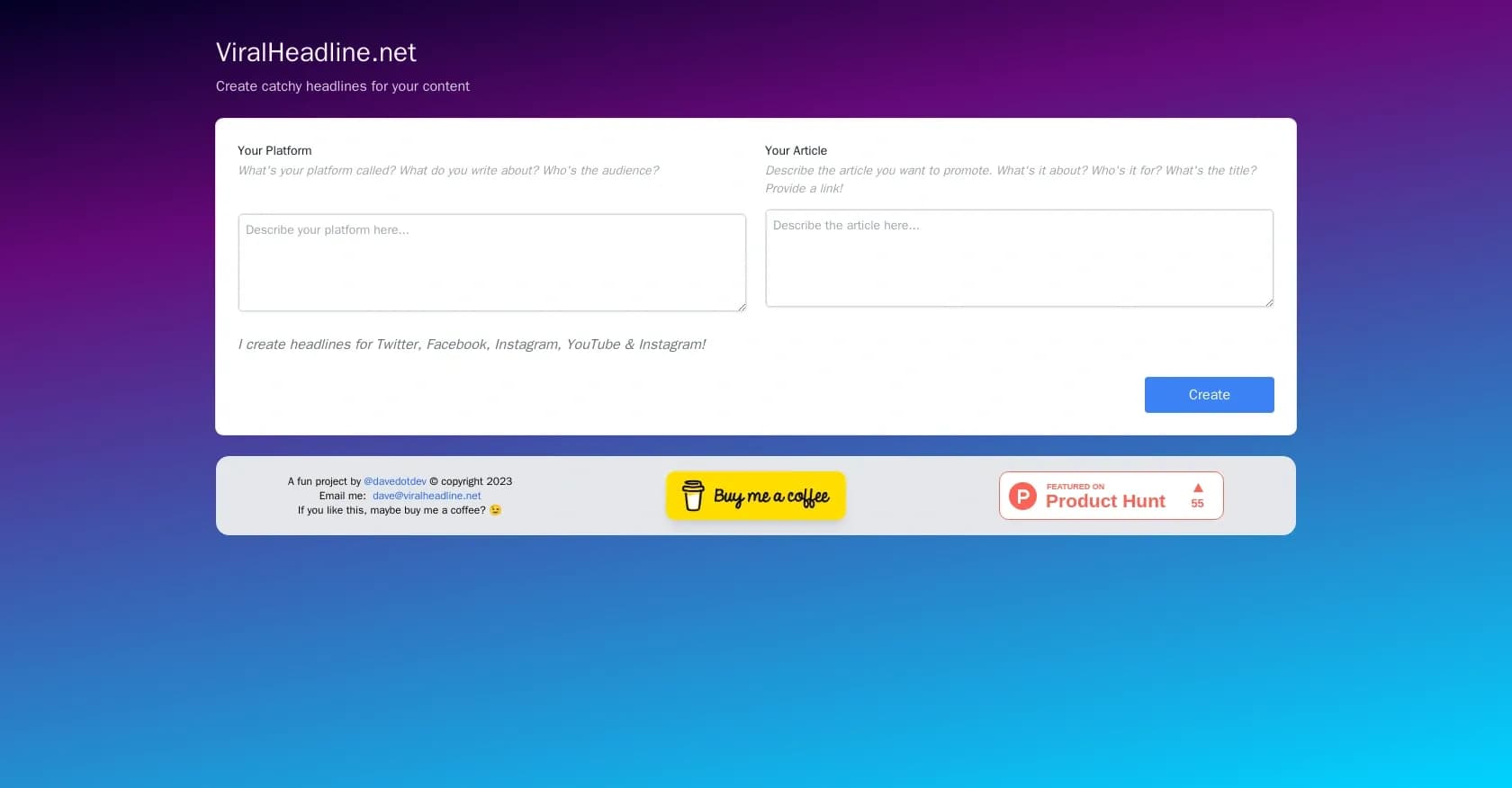 Viral Headline Generator homepage screenshot — Create catchy headlines for viral content