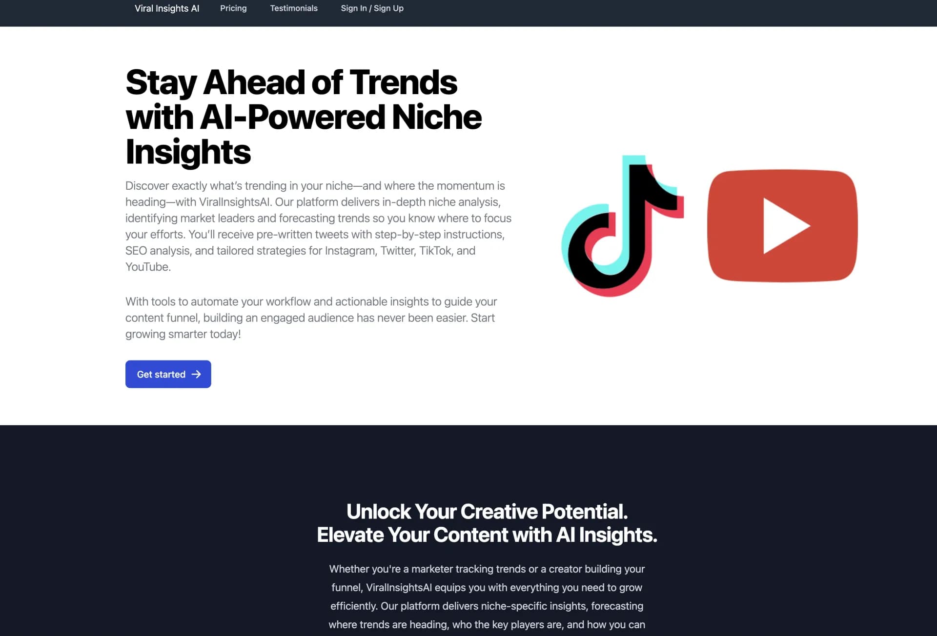 Viral Insights AI homepage screenshot — Predict viral trends and craft winning content strategies.