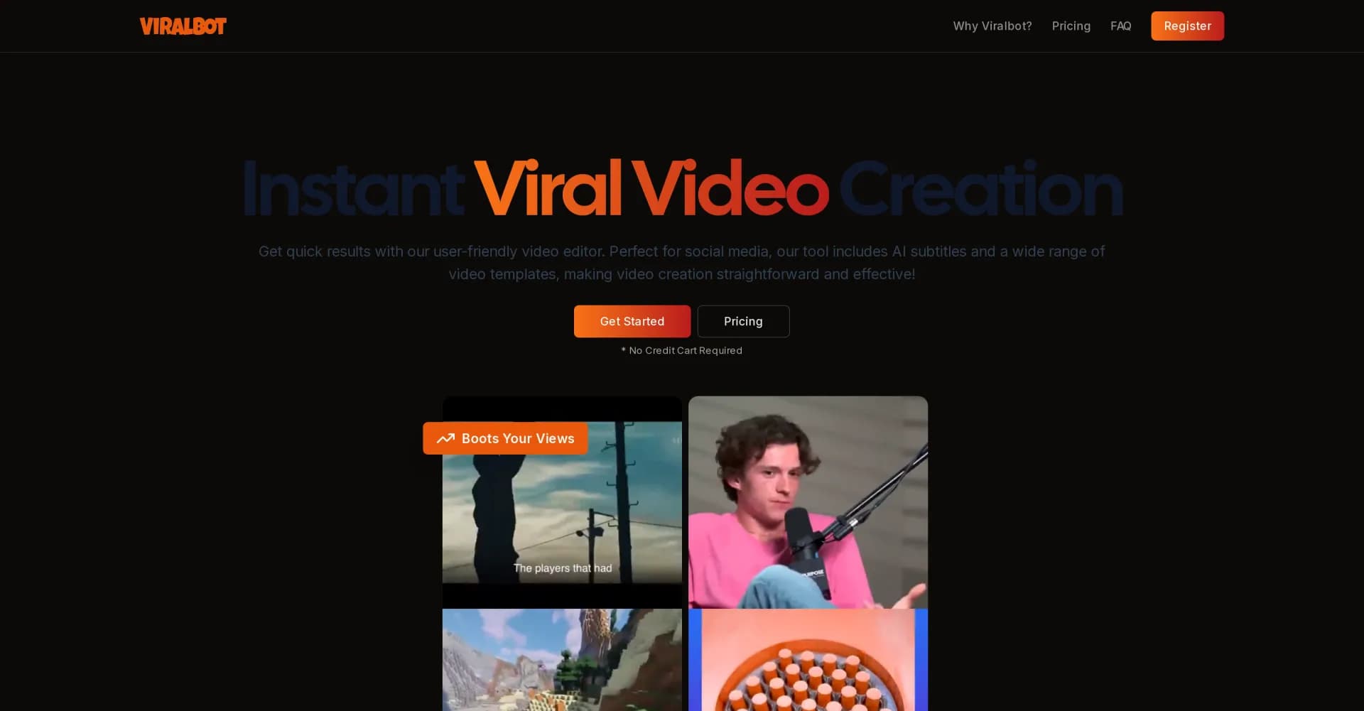 ViralBot homepage screenshot — Create viral videos with AI subtitles instantly