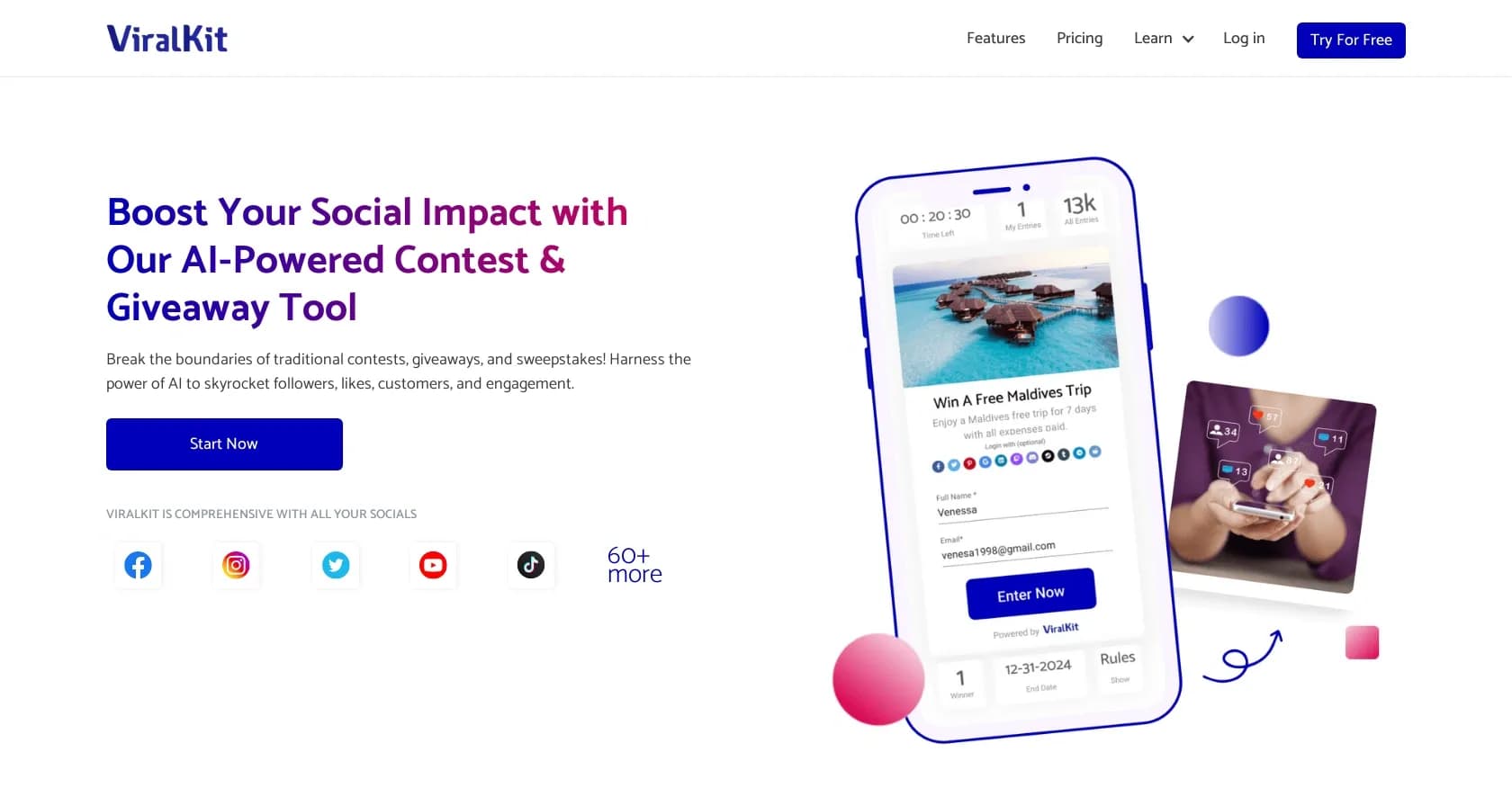 ViralKit homepage screenshot — AI-powered contests to boost your social impact.