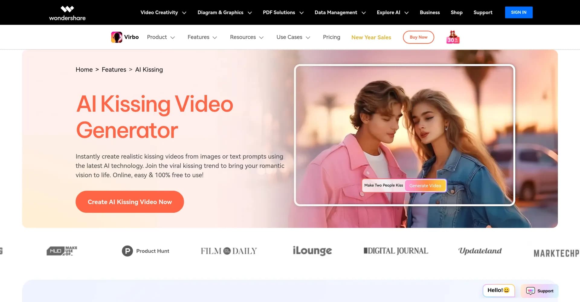 Virbo AI Kissing homepage screenshot — Create realistic AI kissing videos instantly.