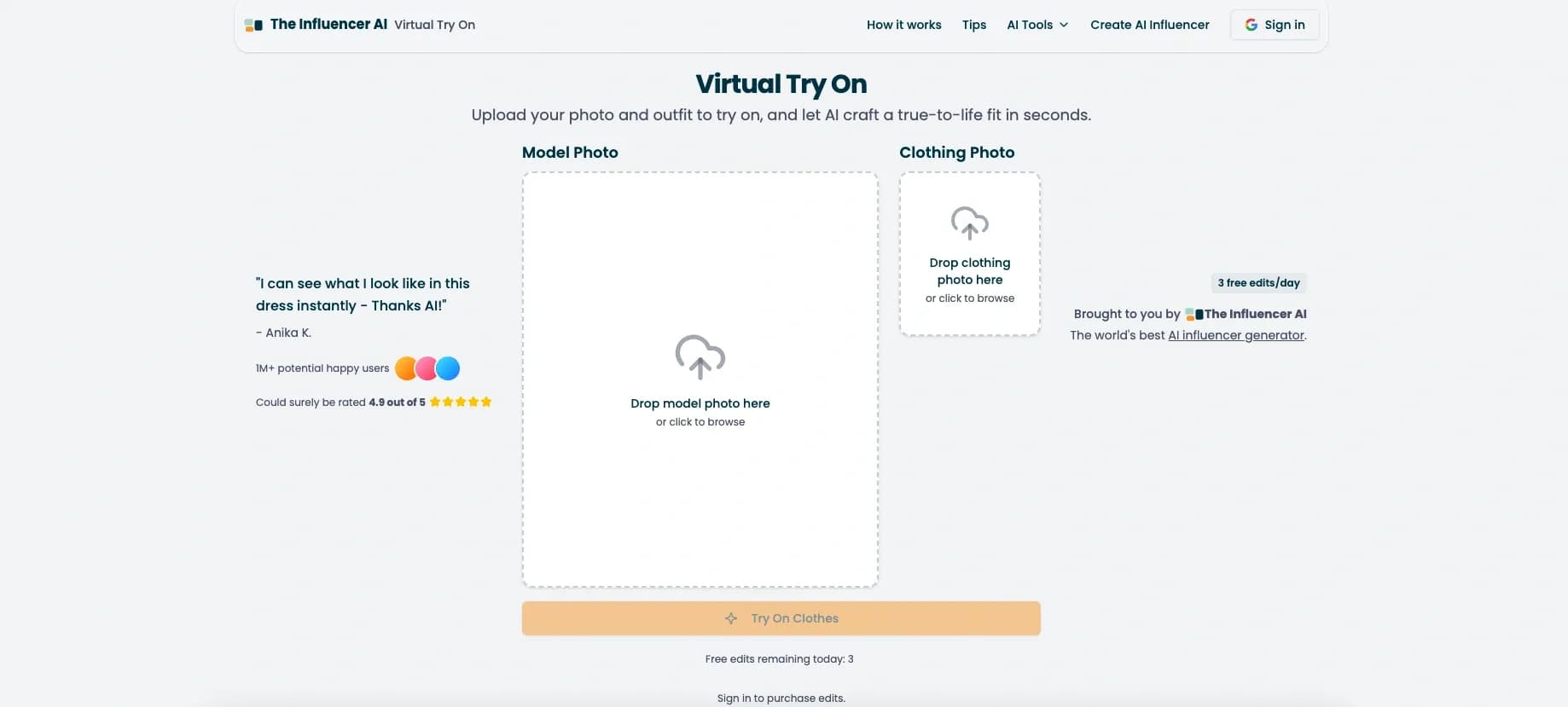 Virtual Try On by The Influencer AI homepage screenshot — Try on clothes virtually with AI in seconds.