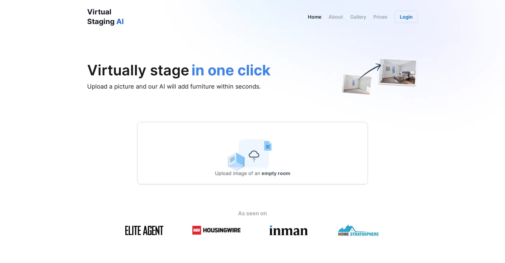 VirtualStaging homepage screenshot — Virtually stage rooms in one click