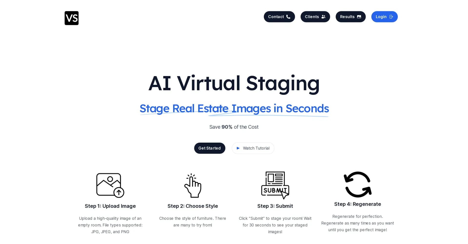 VirtualStagingAI homepage screenshot — Stage real estate images in seconds.