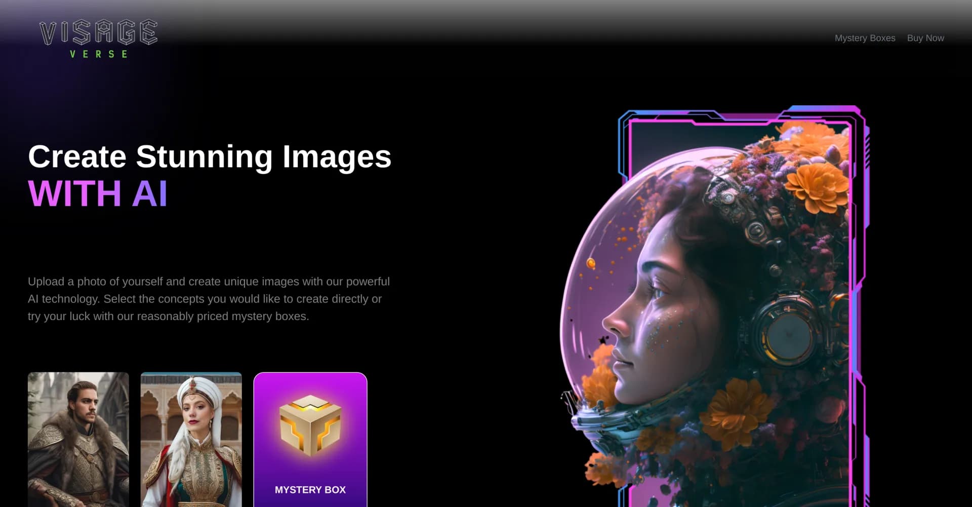 VisageVerse homepage screenshot — Transform your selfie into stunning AI art