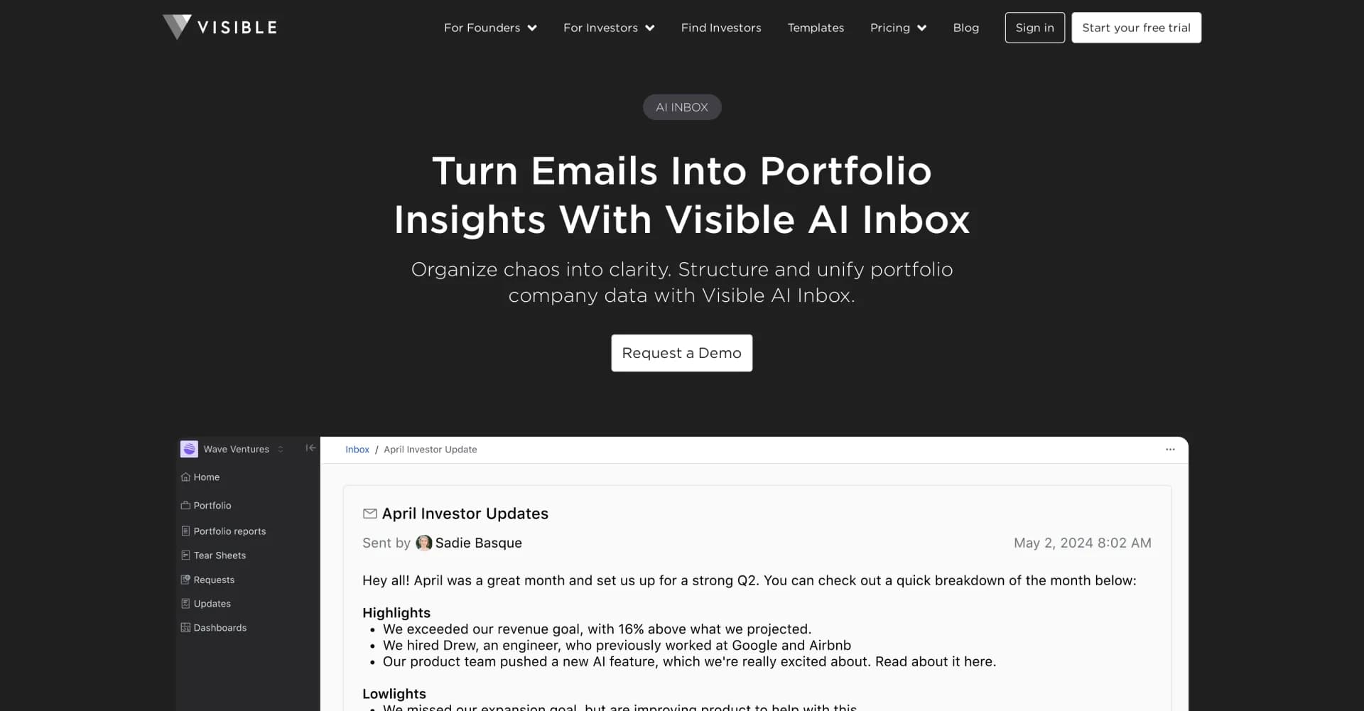Visible.vc homepage screenshot — Turn emails into portfolio insights with AI.