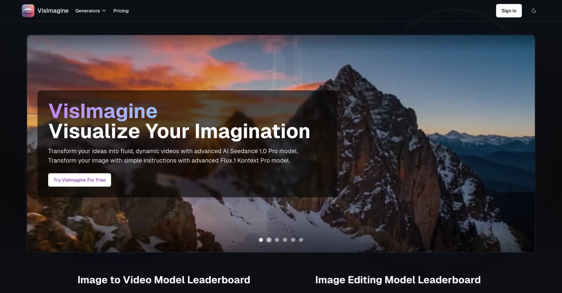 VisImagine - AI VIdeo Creation Platform homepage screenshot — Transform ideas into stunning videos with AI