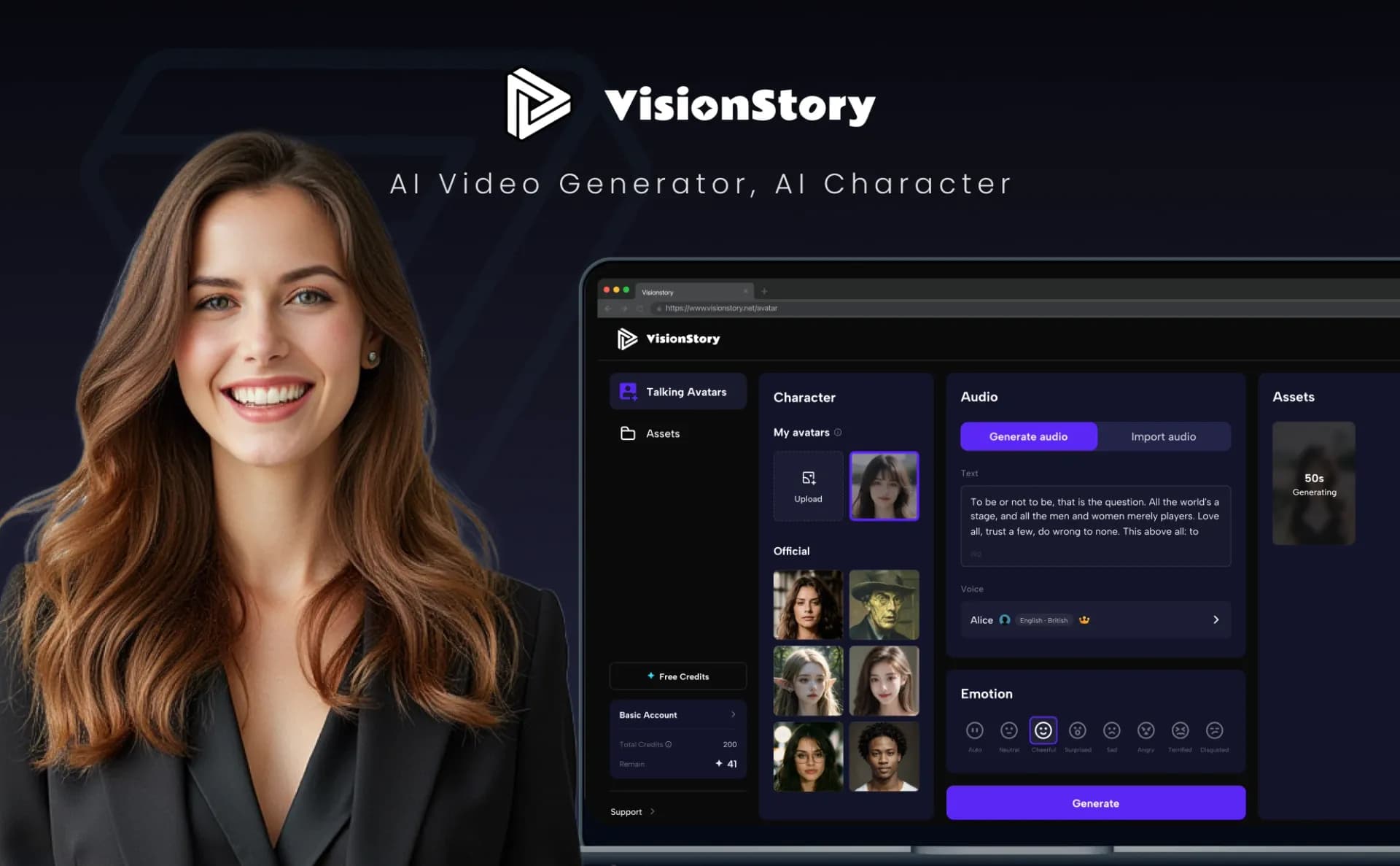 VisionStory AI homepage screenshot — Turn Photos into Lively Avatars and Stunning Talking Videos 