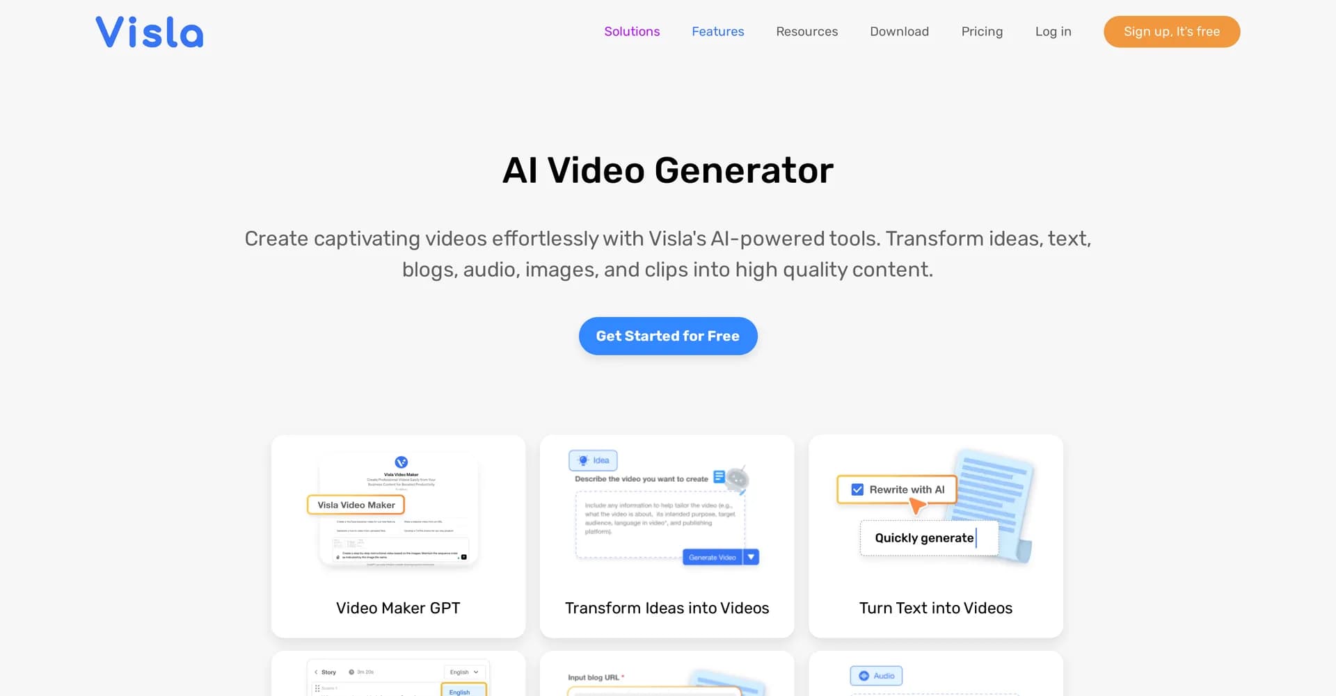 Visla homepage screenshot — The simplest way to create AI-generated videos.