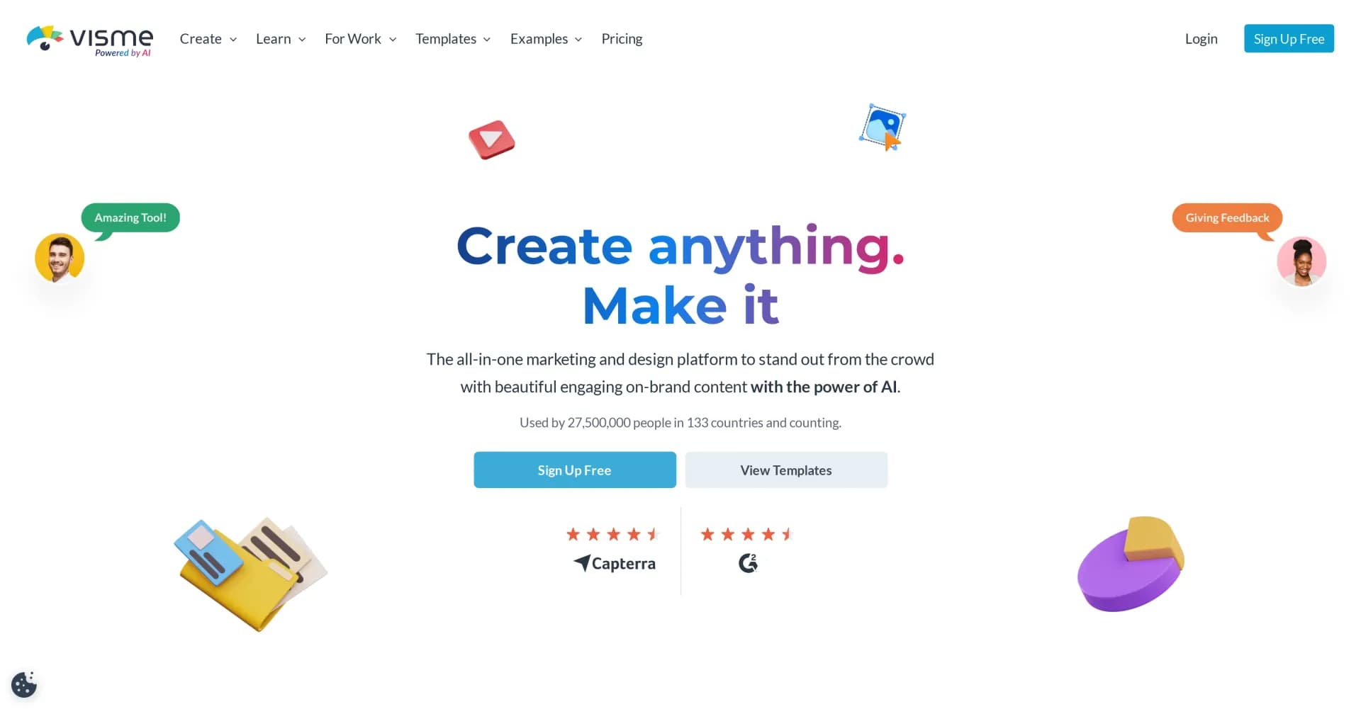 Visme homepage screenshot — Create professional presentations, infographics, designs, an