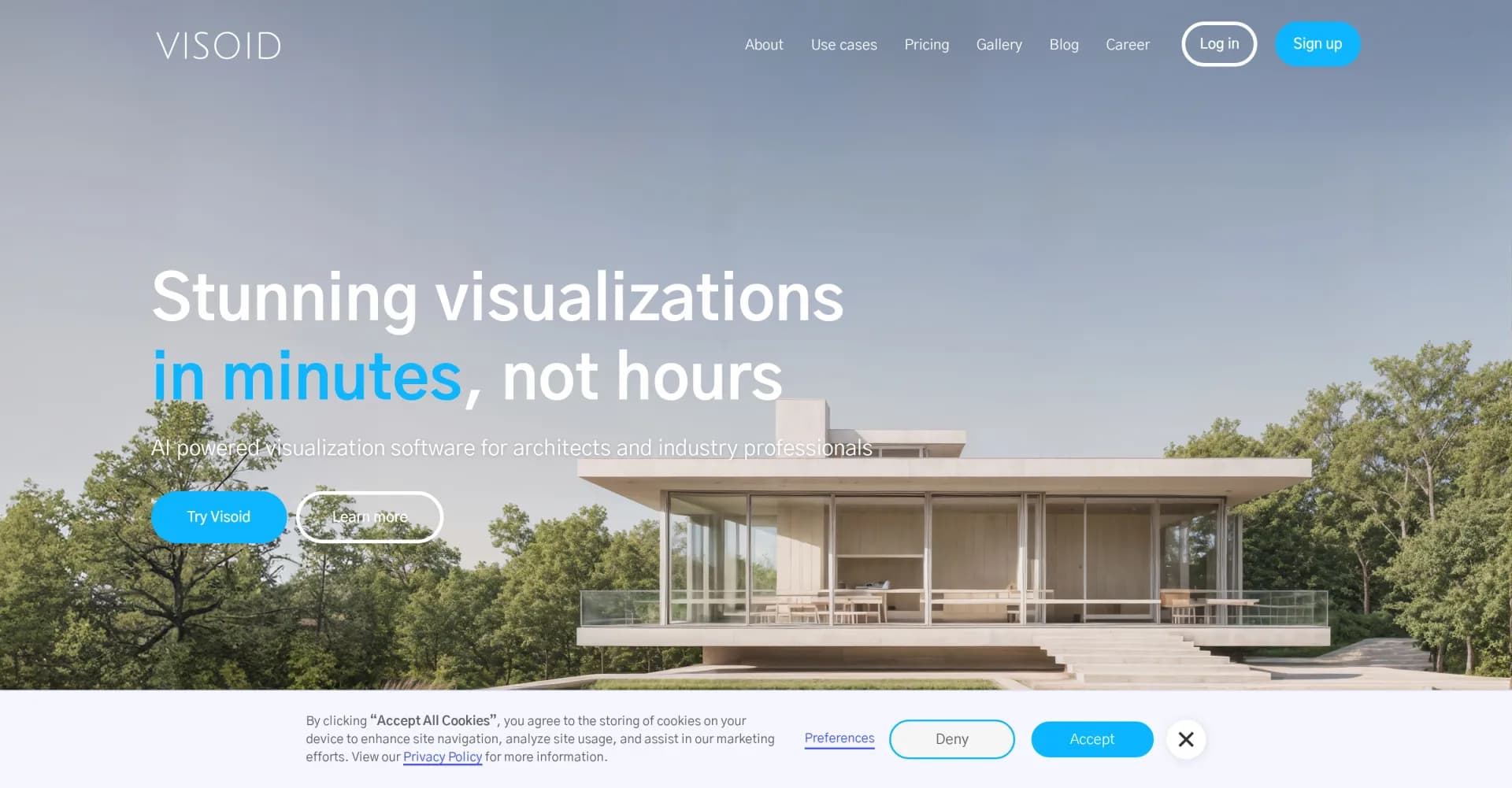 Visoid homepage screenshot — AI-powered 3D architectural visualization in minutes.