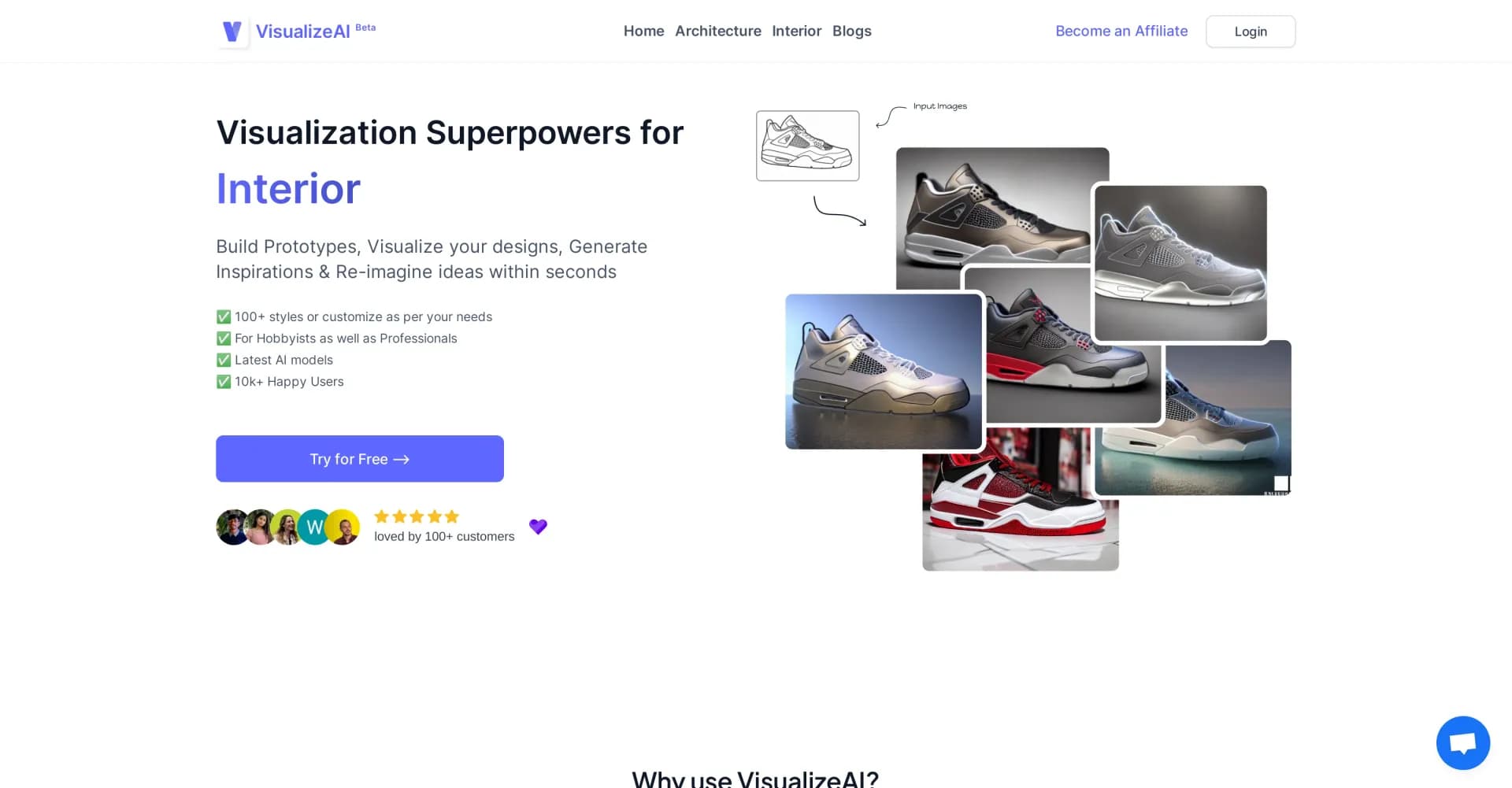 VisualizeAI homepage screenshot — Visualize designs and build prototypes in seconds.