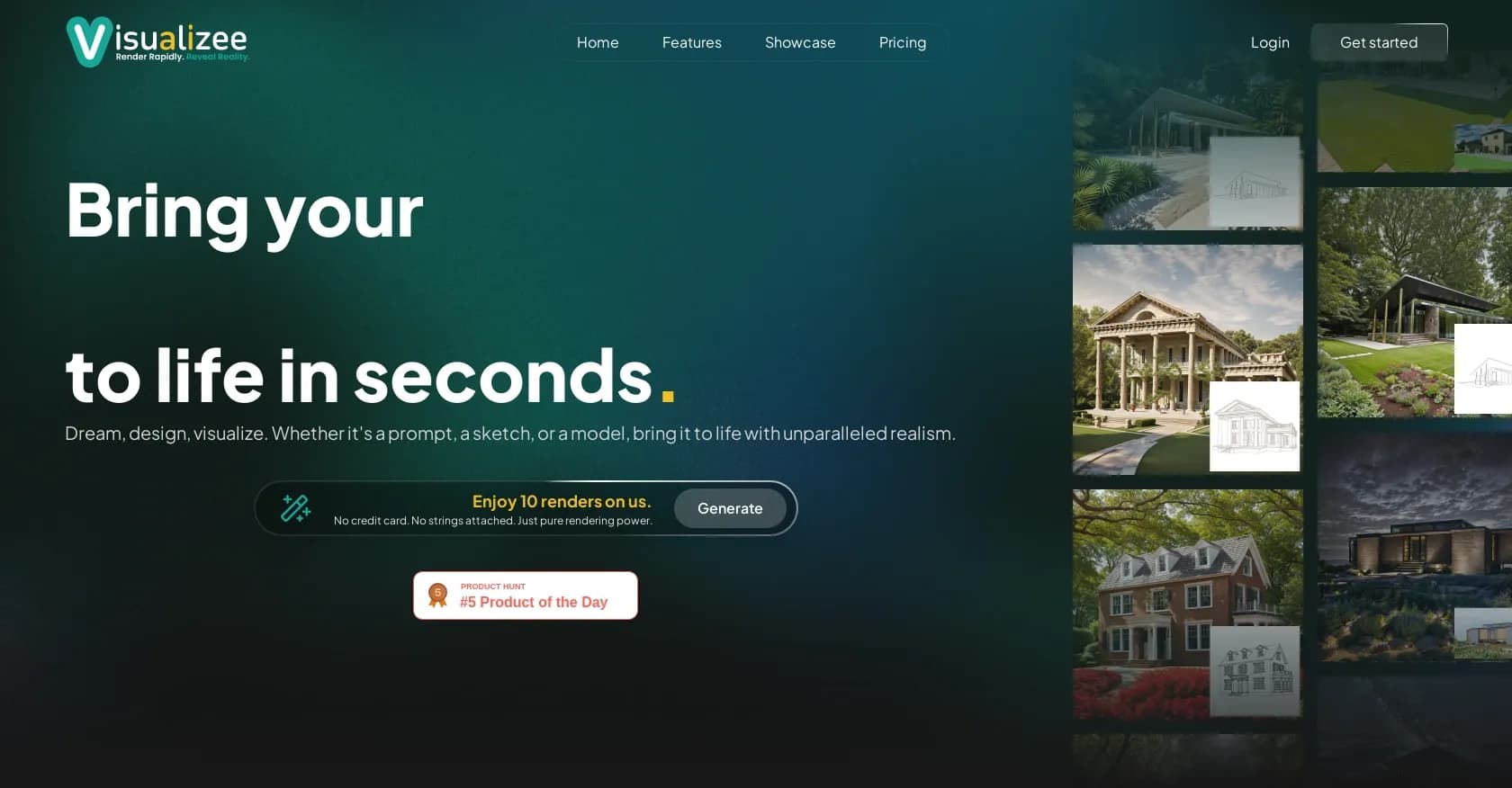 Visualizee homepage screenshot — Transform sketches into stunning renders in seconds.