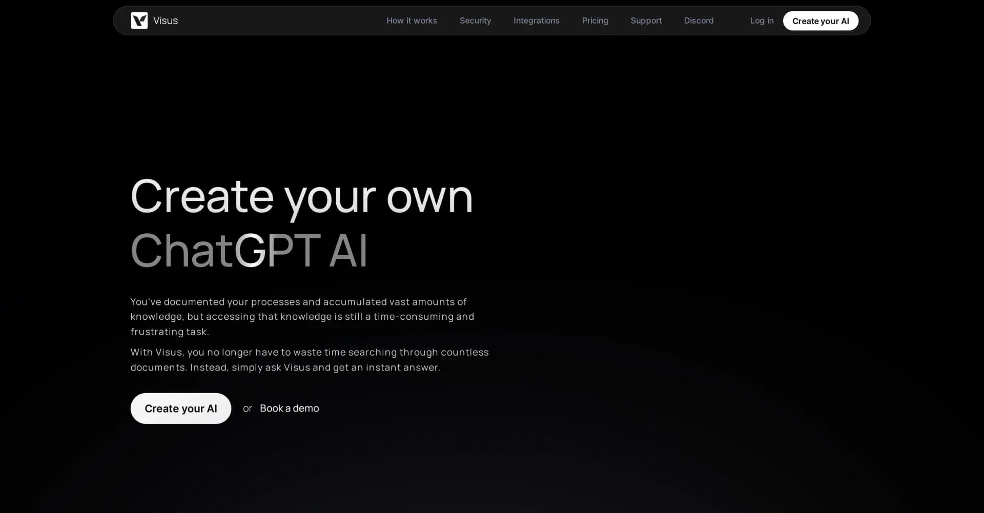 Visus homepage screenshot — Create your own ChatGPT AI from your knowledge base.