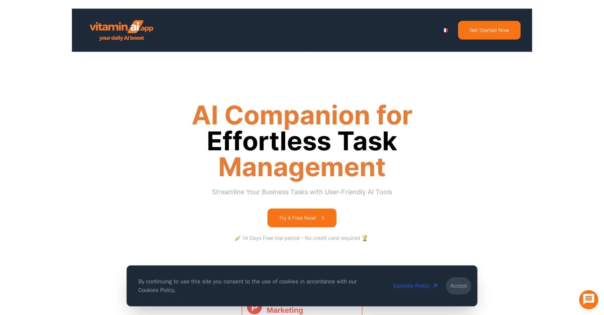 Vitamin AI homepage screenshot — AI companion for effortless task management.