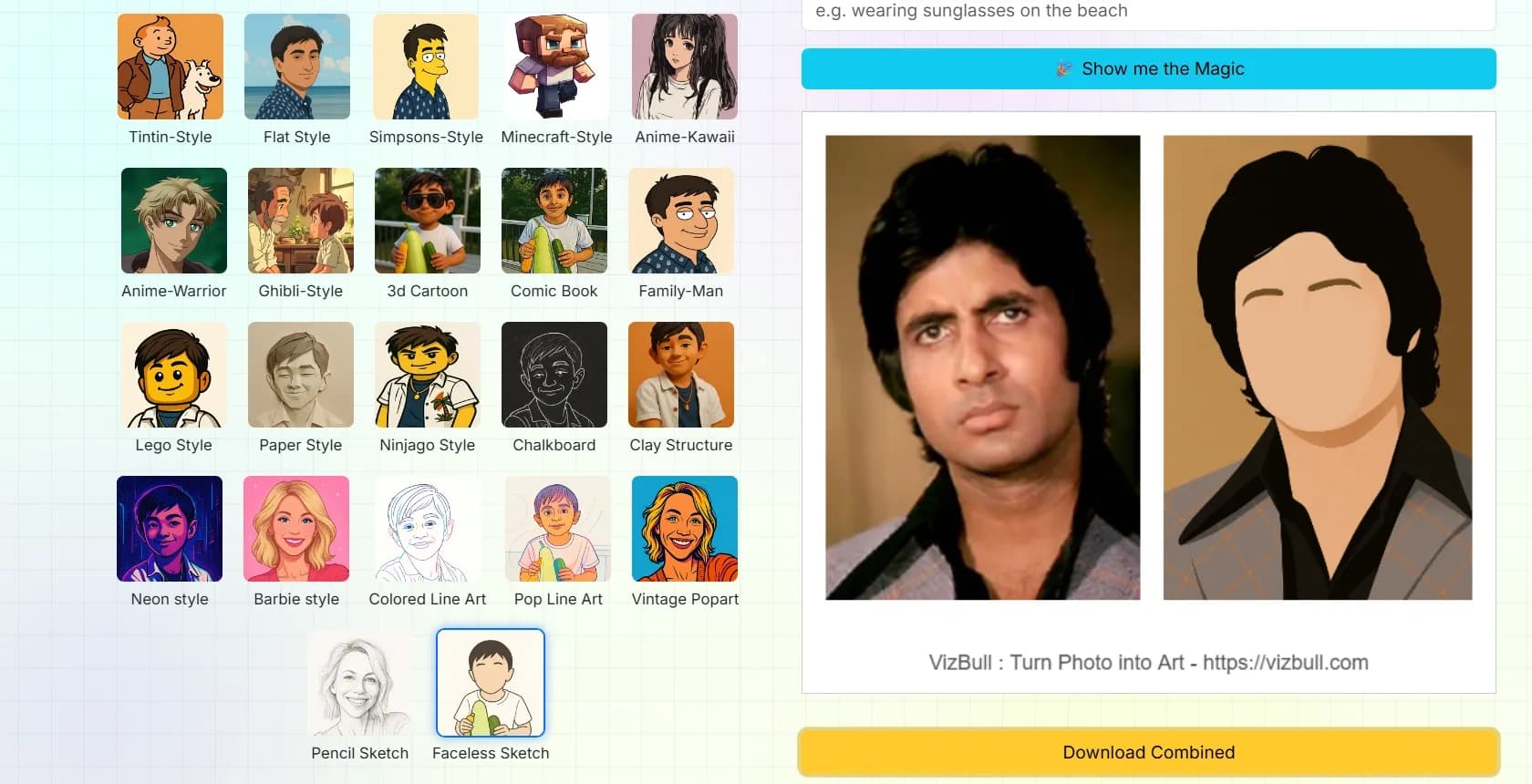 Vizbull homepage screenshot — Turn any photo into stunning cartoon or artwork with AI in s
