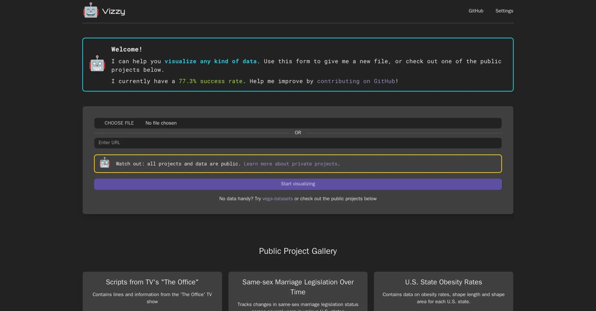 Vizzy homepage screenshot — Visualize any data with AI-powered ease.