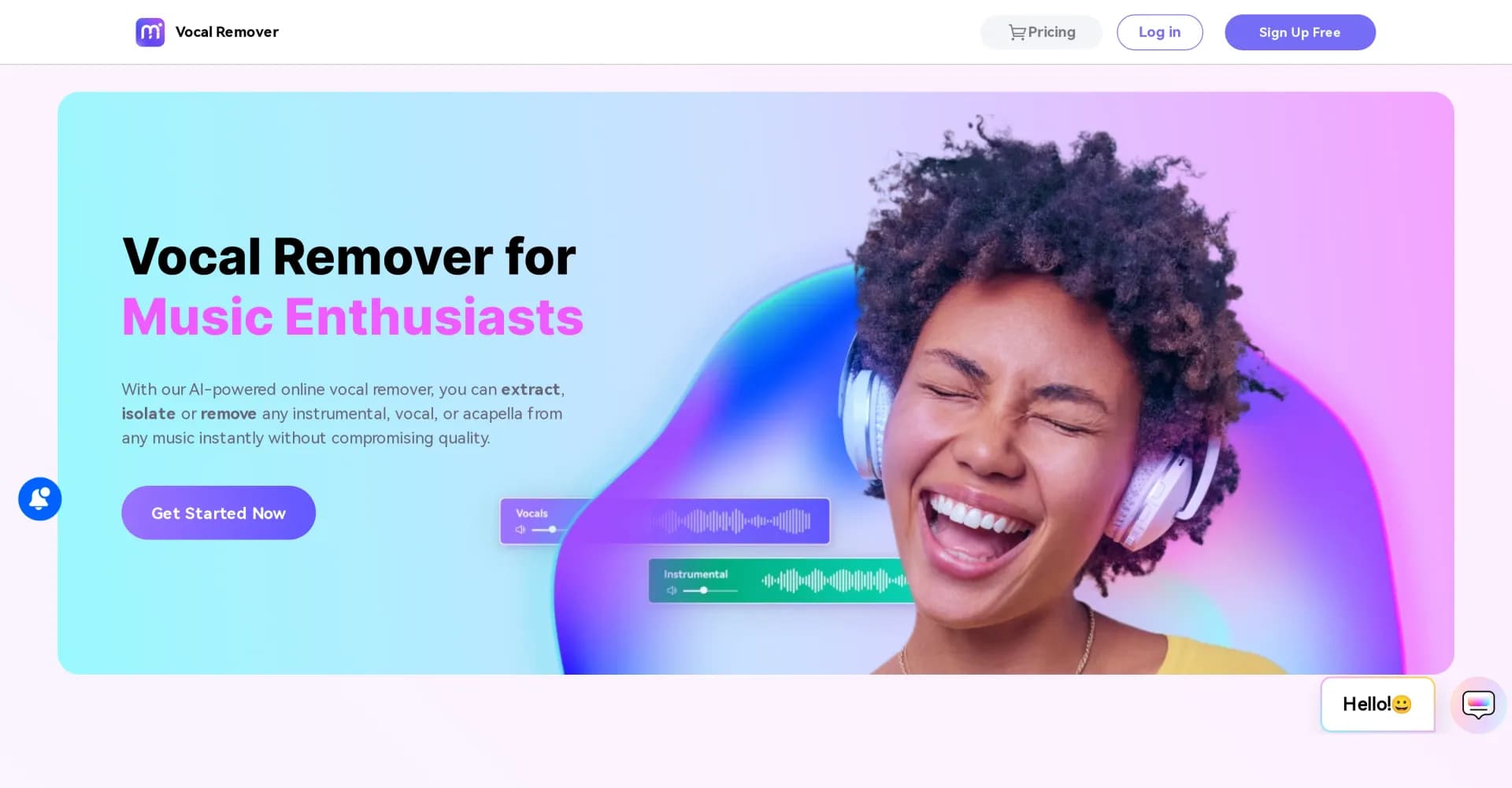 Vocal Remover by Media.io homepage screenshot — Extract, isolate or remove vocals and instrumentals instantl