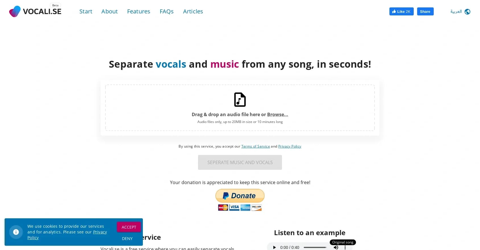 Vocali.se homepage screenshot — Separate vocals and music instantly, for free.