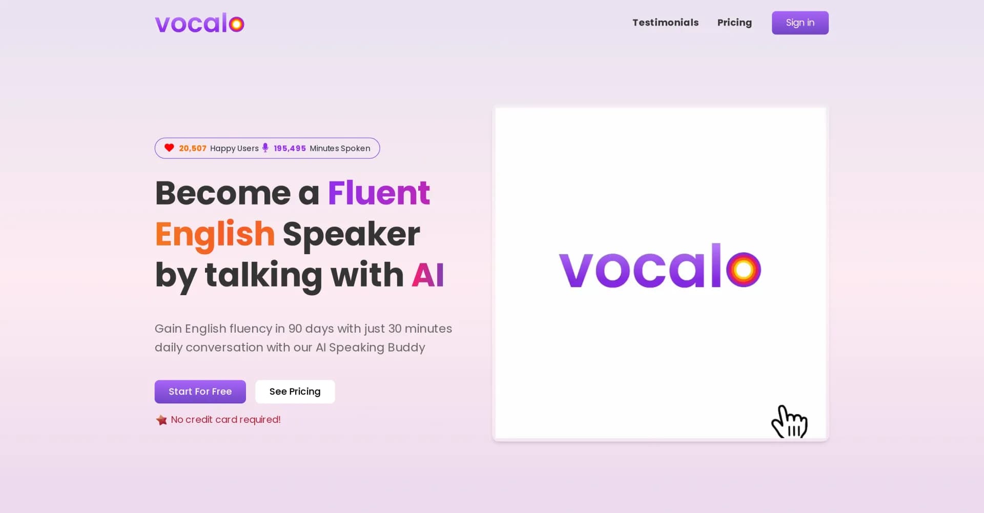 Vocalo homepage screenshot — Master English fluency through AI conversation