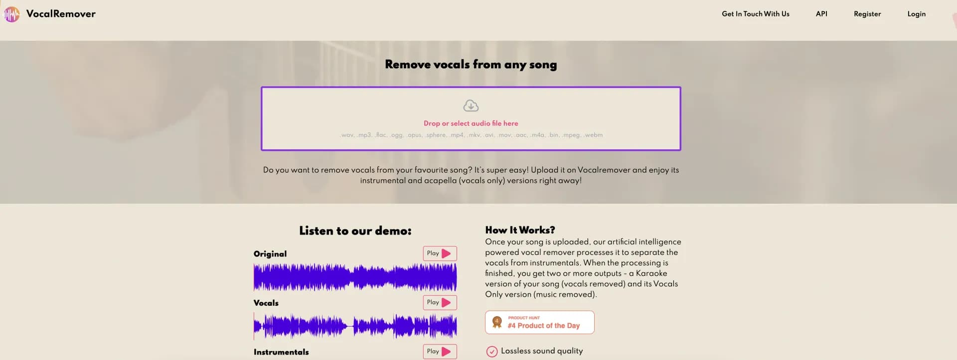 Vocalremover homepage screenshot — Remove vocals from any song instantly