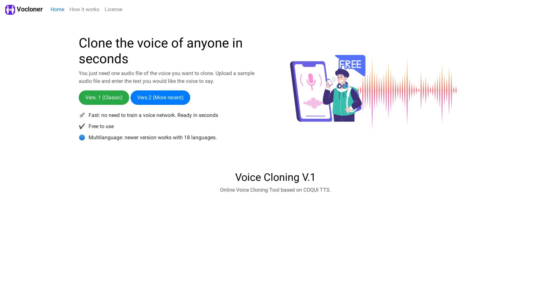 Vocloner homepage screenshot — Clone any voice instantly with AI