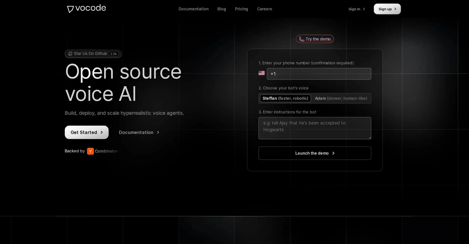Vocode homepage screenshot — Build and deploy hyperrealistic voice AI agents.