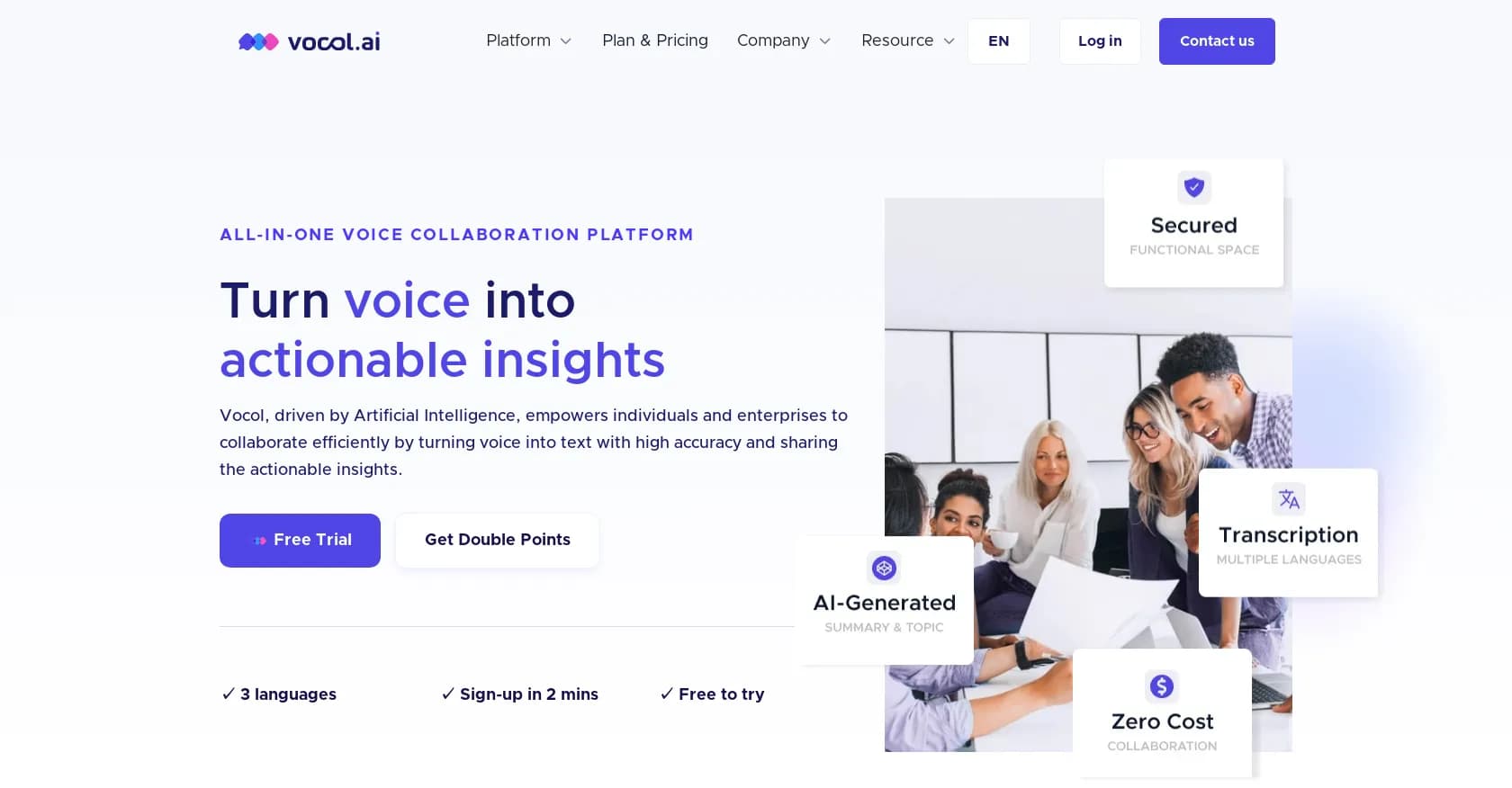 Vocol homepage screenshot — Turn voice into actionable insights