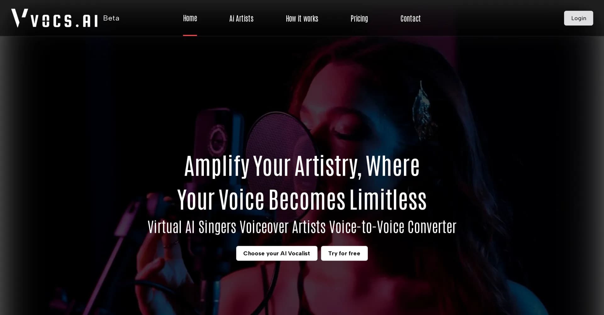 Vocs.ai homepage screenshot — Transform your voice with AI singers and rappers.