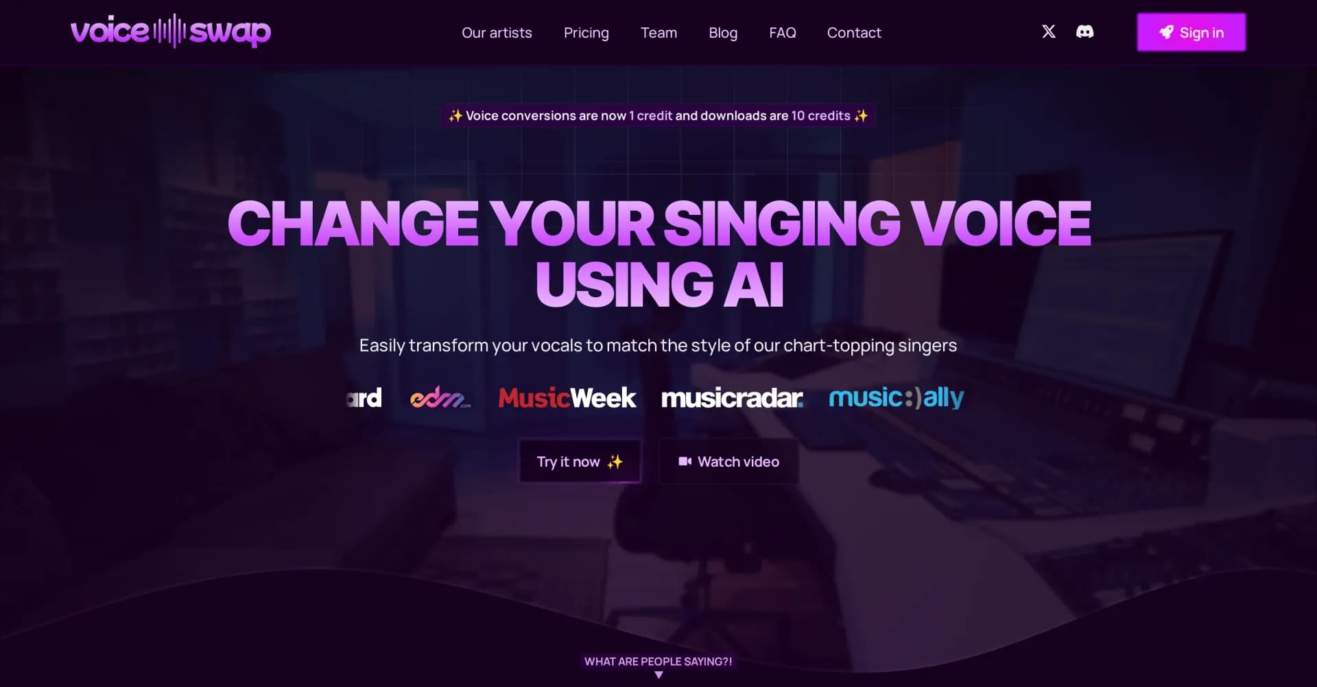 Voice Swap homepage screenshot — Transform your singing voice with AI.