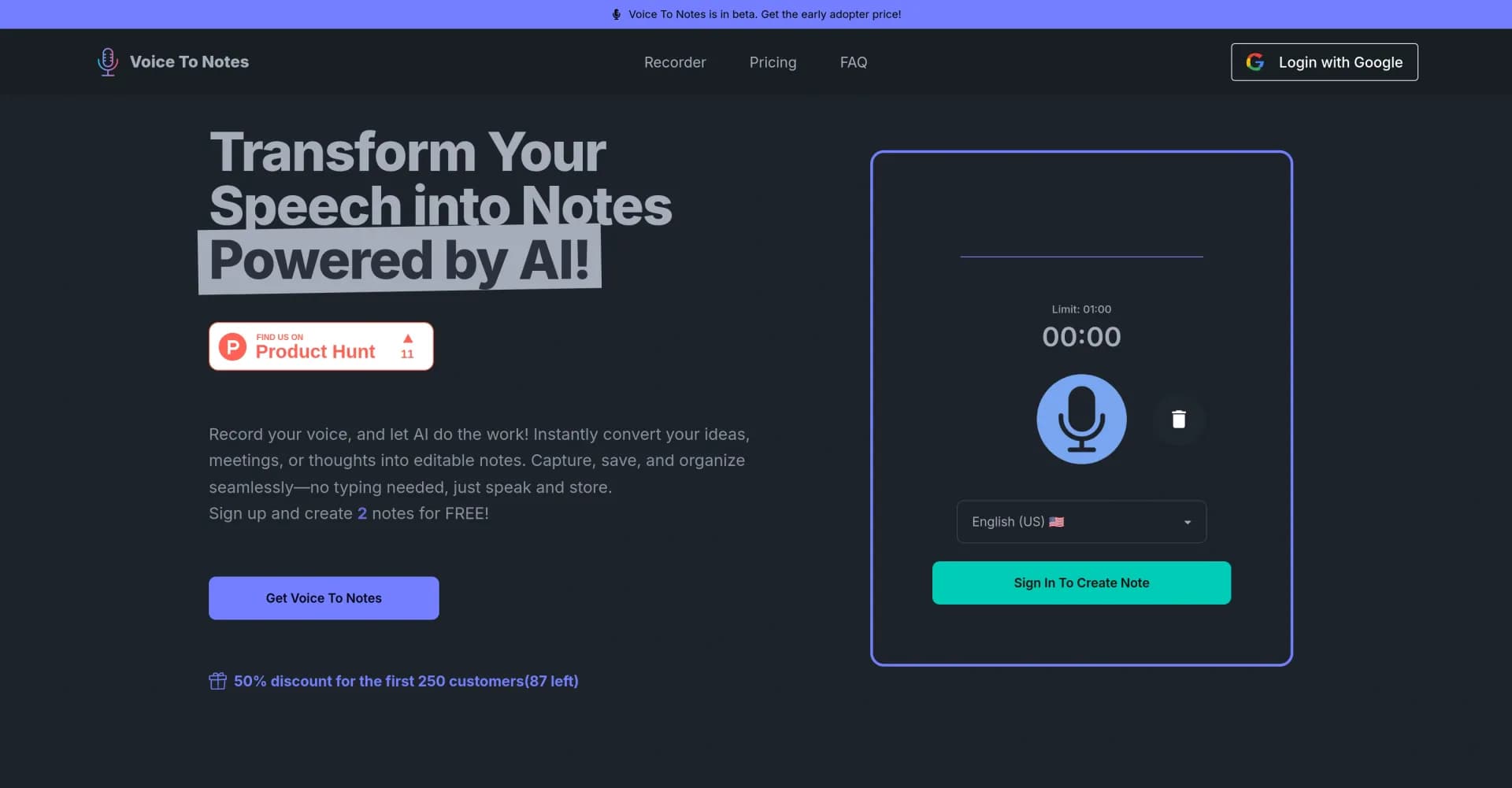 Voice To Notes homepage screenshot — Transform speech into notes with AI.