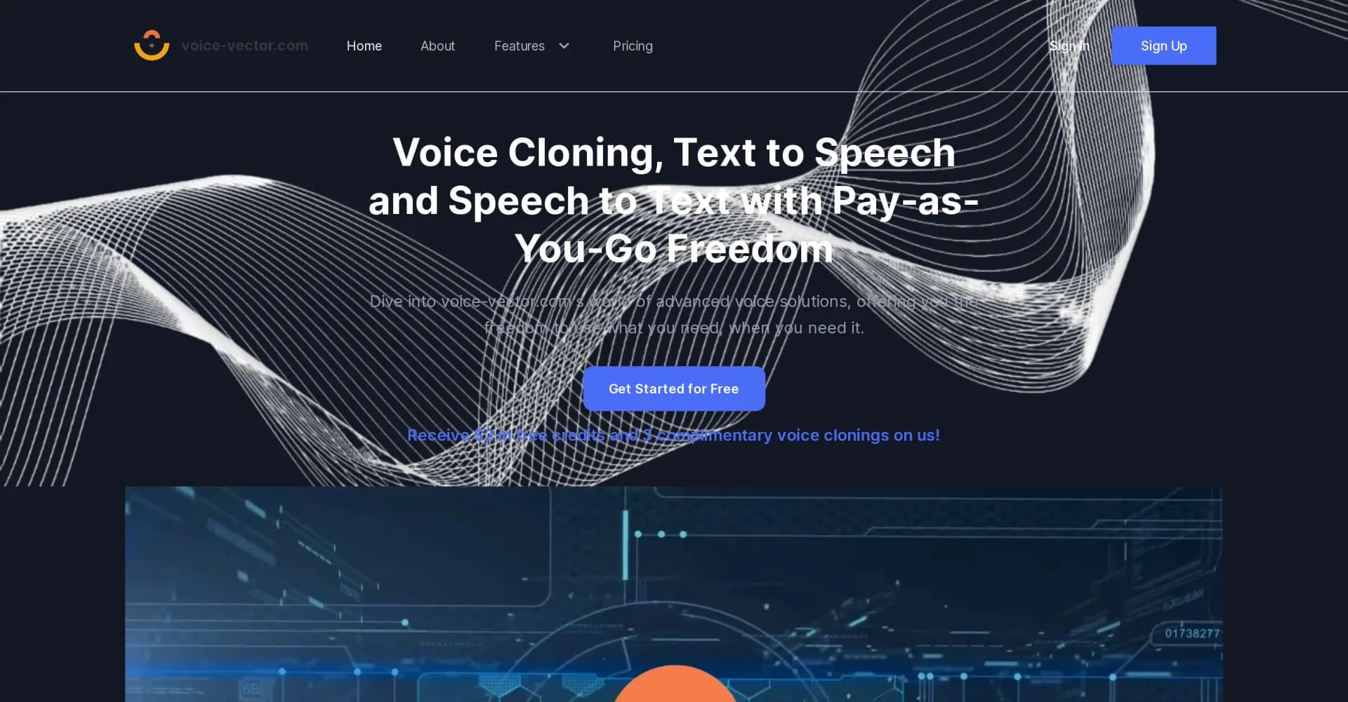 Voice Vector homepage screenshot — Advanced voice solutions with pay-as-you-go flexibility