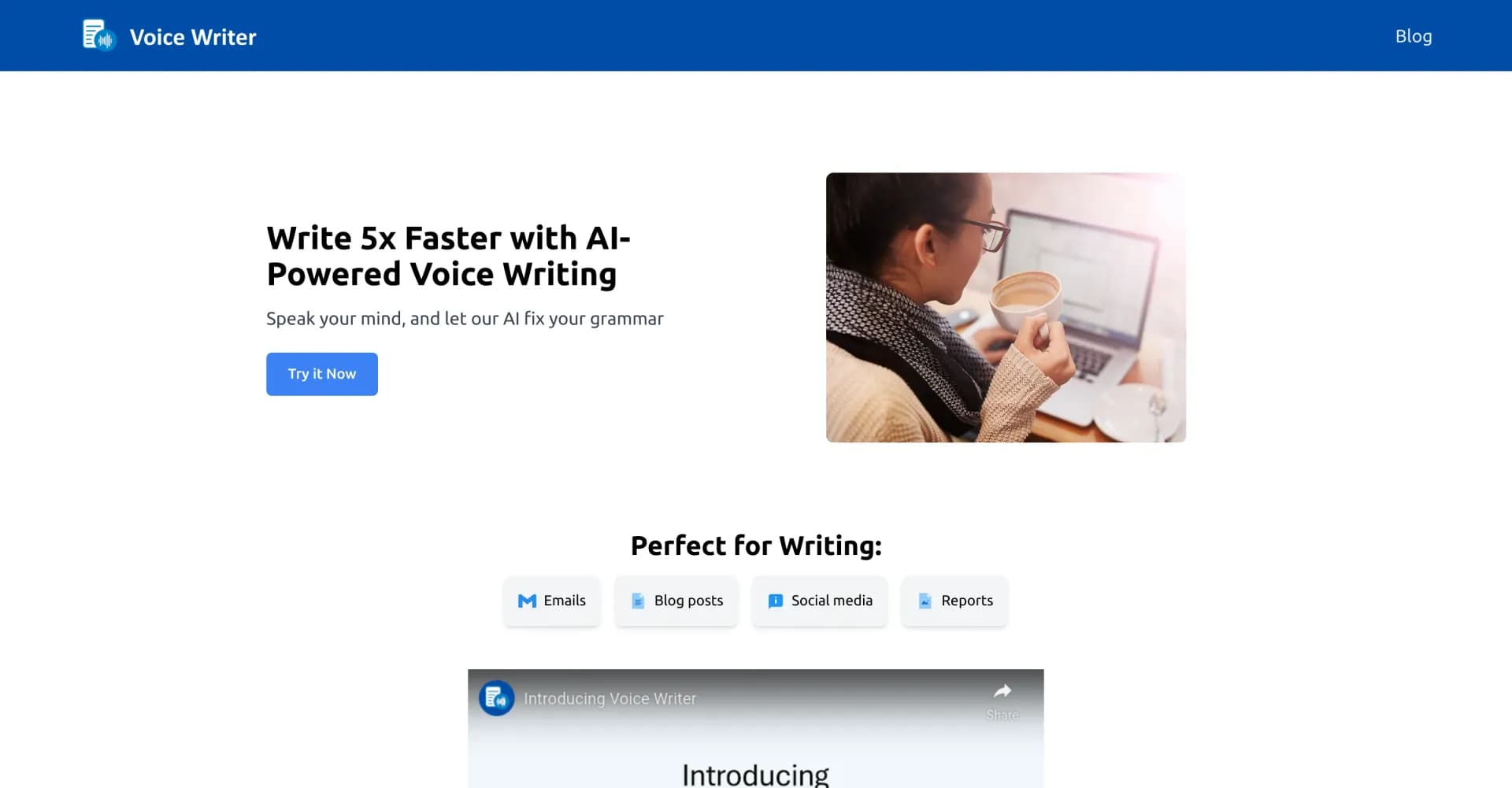 Voice Writer homepage screenshot — Write 5x faster with AI-powered voice writing.