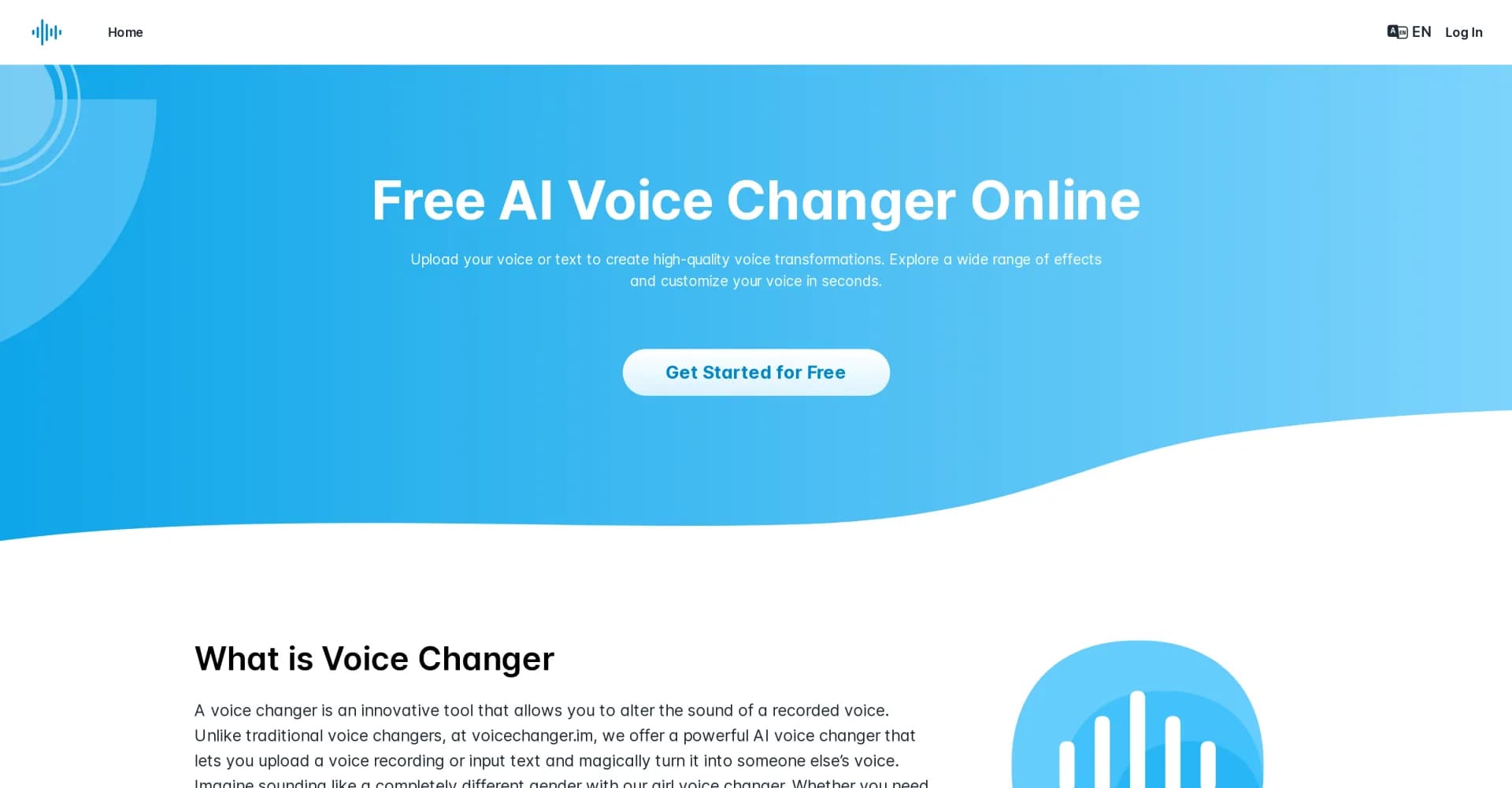 VoiceChanger homepage screenshot — Transform your voice with AI-powered effects