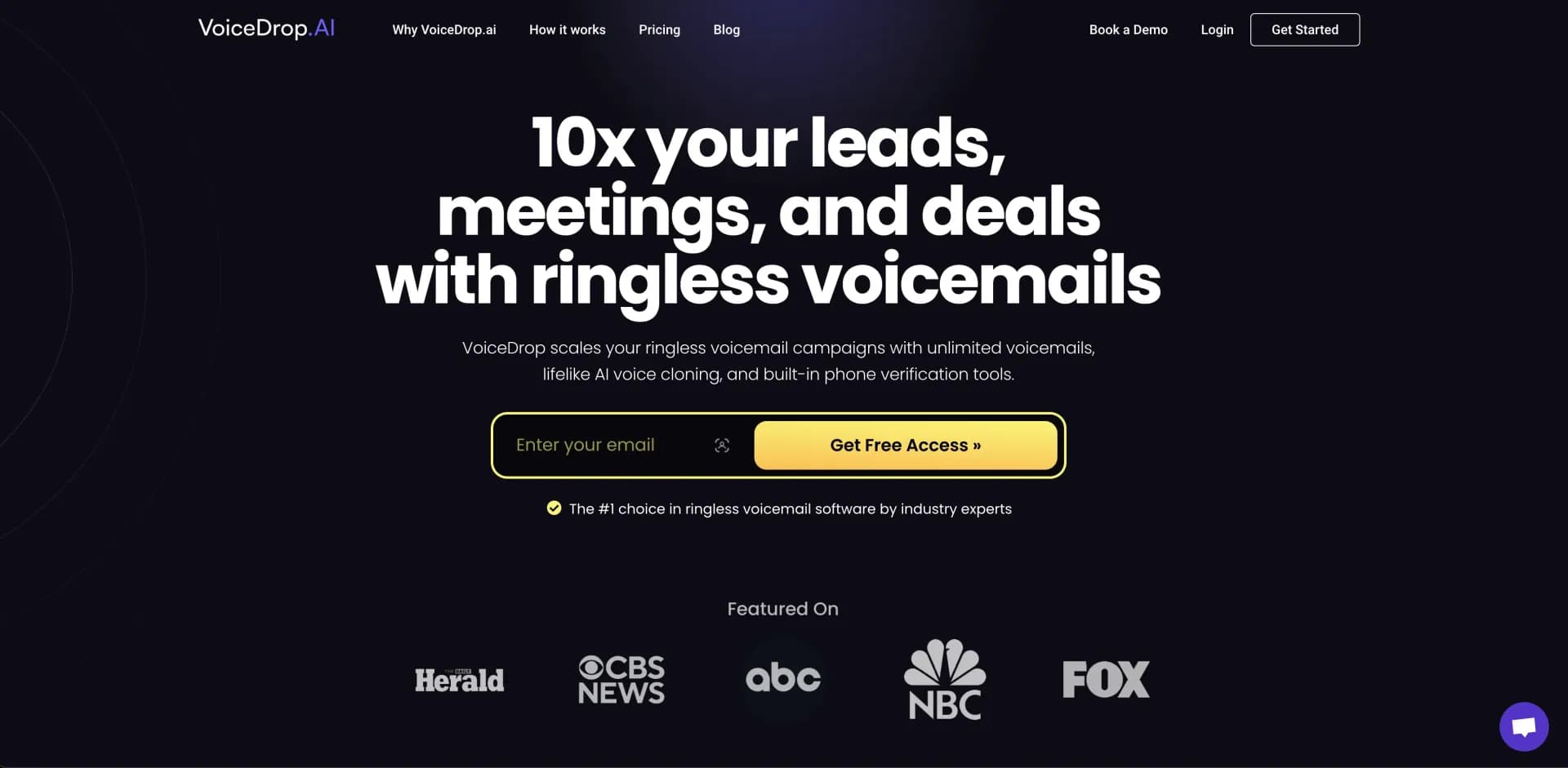 VoiceDrop homepage screenshot — AI-Powered Ringless Voicemail for Personalized Outreach and 