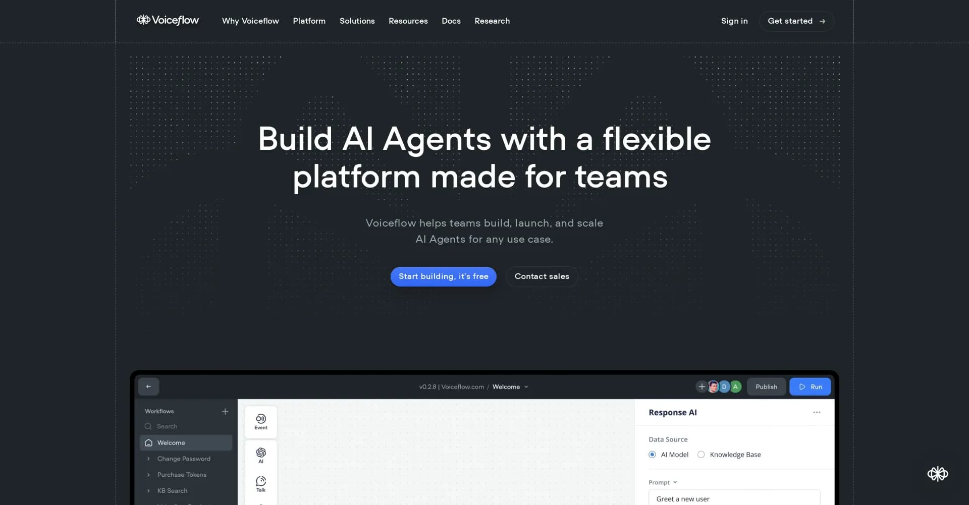 Voiceflow homepage screenshot — Build impactful AI agents collaboratively