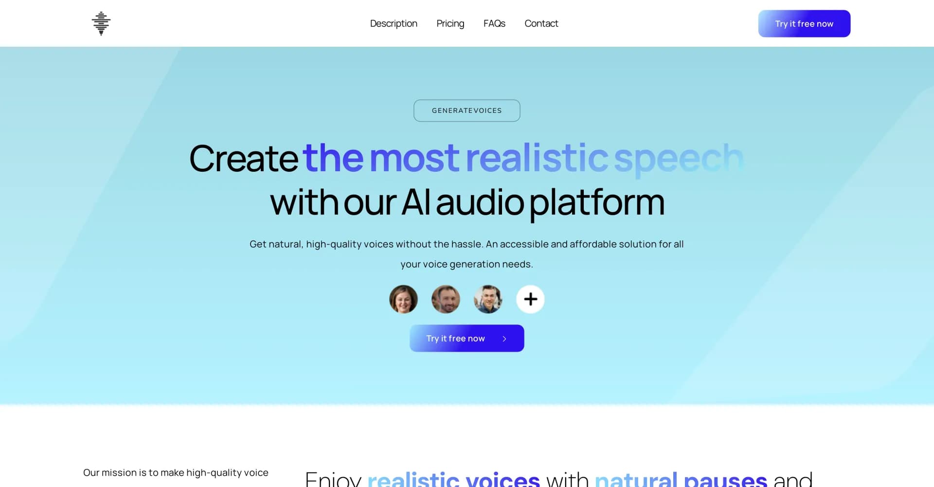 VoiceGen homepage screenshot — Generate realistic AI voices with natural speech
