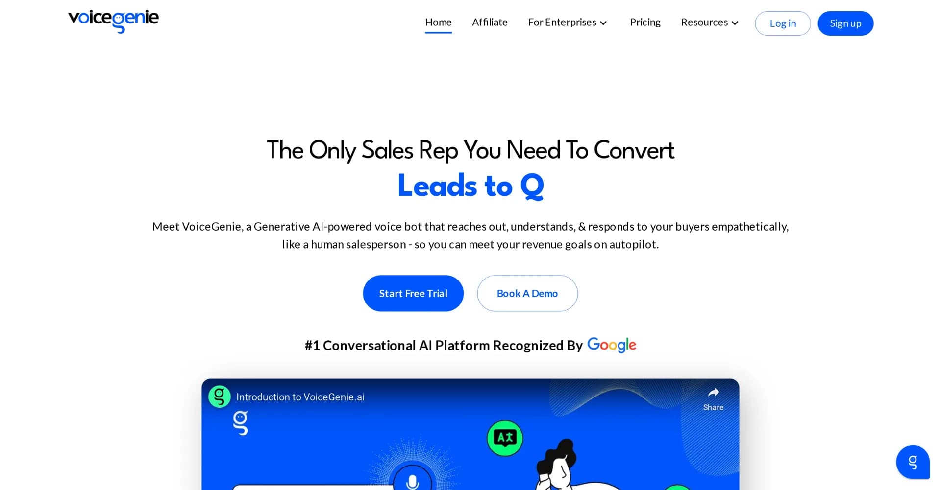 VoiceGenie homepage screenshot — AI voice bots that automate sales processes