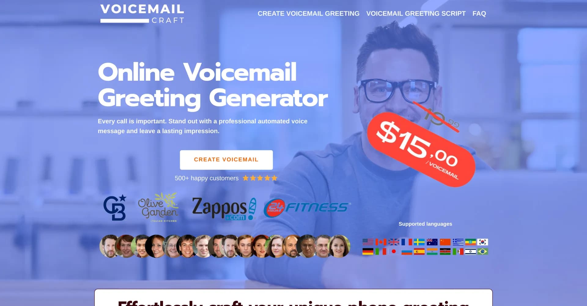 VoiceMailCraft homepage screenshot — Create professional voicemail greetings that impress callers
