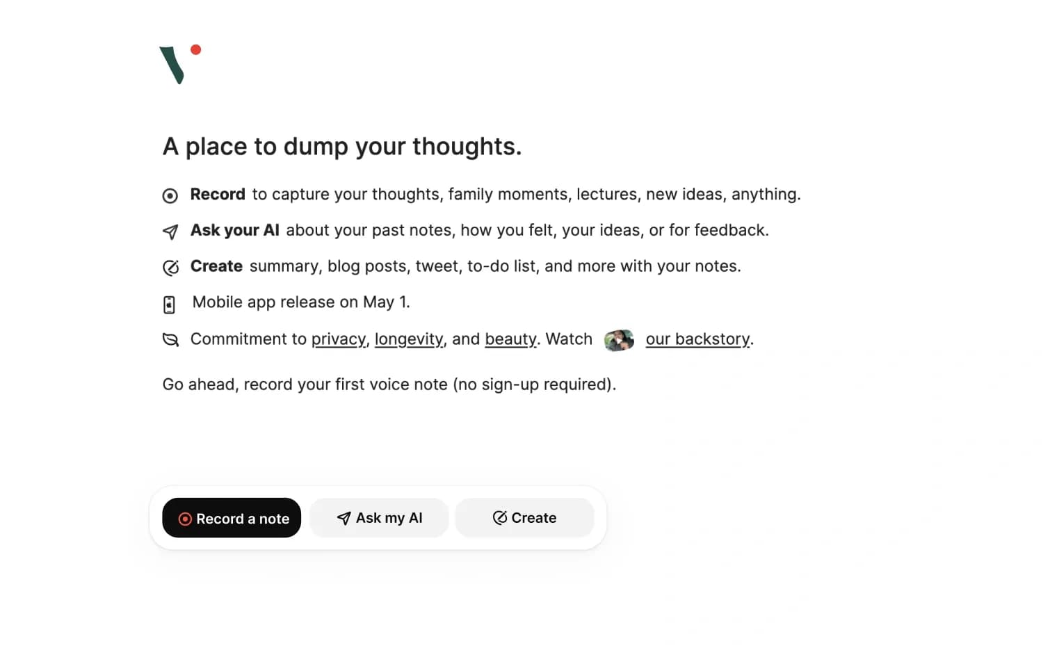 Voicenotes homepage screenshot — A place to dump your thoughts.