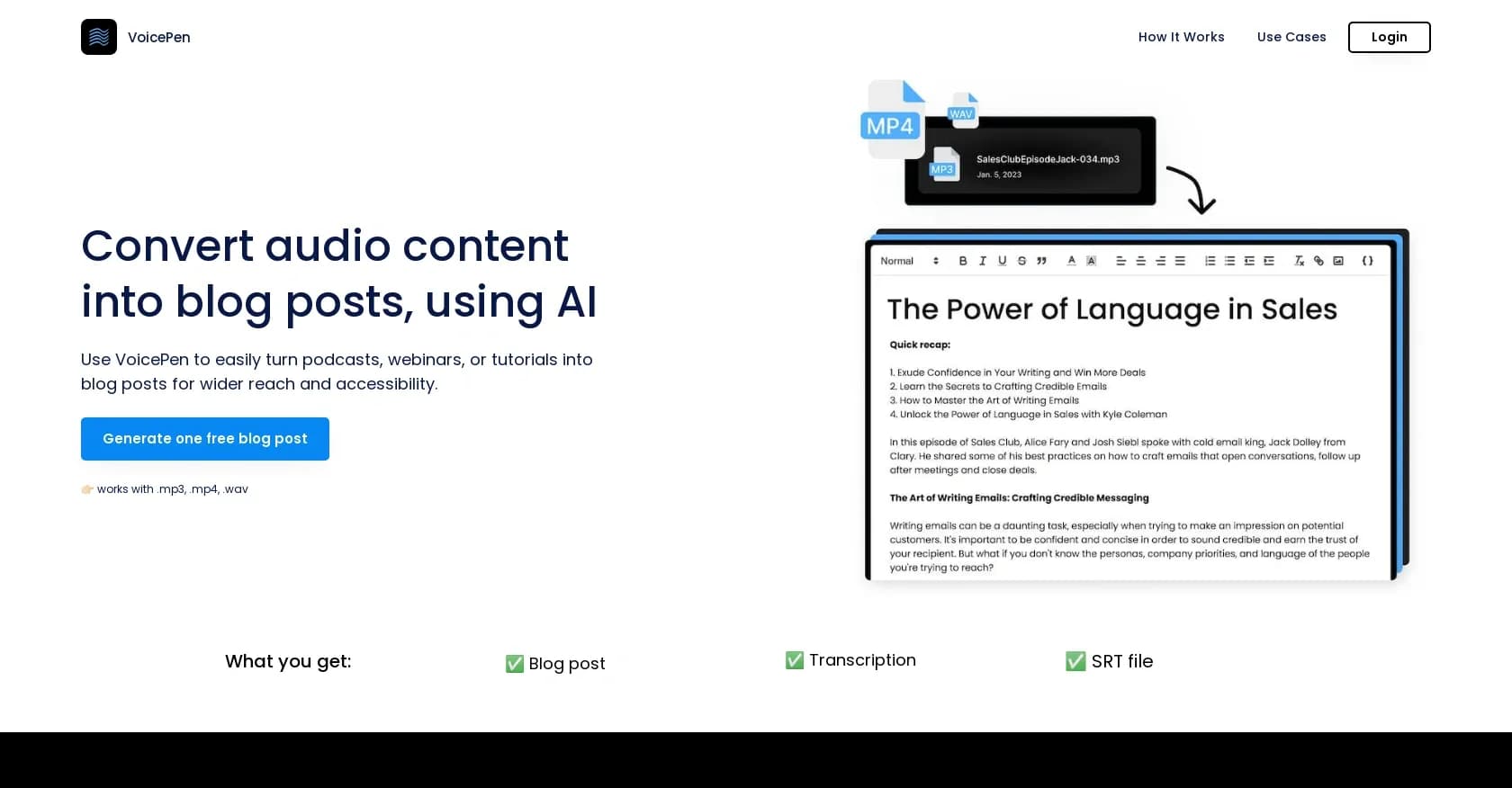 Voicepen homepage screenshot — Convert audio to blog posts with AI